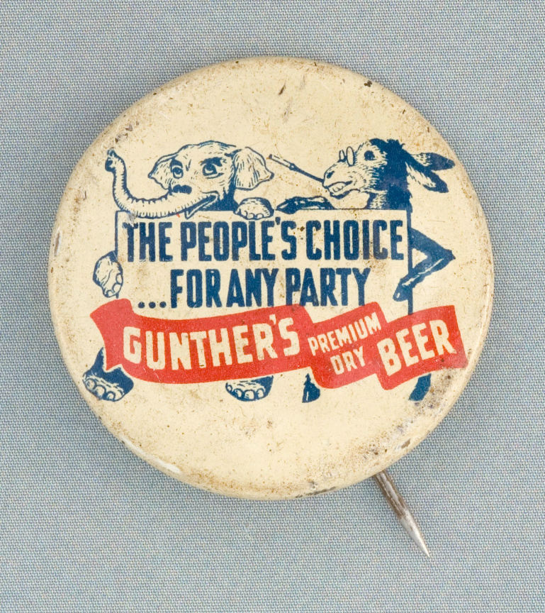 Hake's - RARE FDR-DEWEY CARTOON BEER AD 1944 BUTTON.