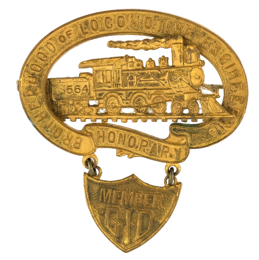 Hake's - Railroad Union Outstanding Brass Badge With Die-cut Engine And 