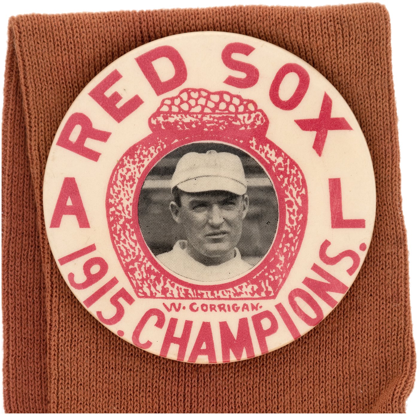 Hake's - 1916 BOSTON RED SOX ROOTERS/BILL CARRIGAN RIBBON BADGE W/BUTTON &  STOCKING.