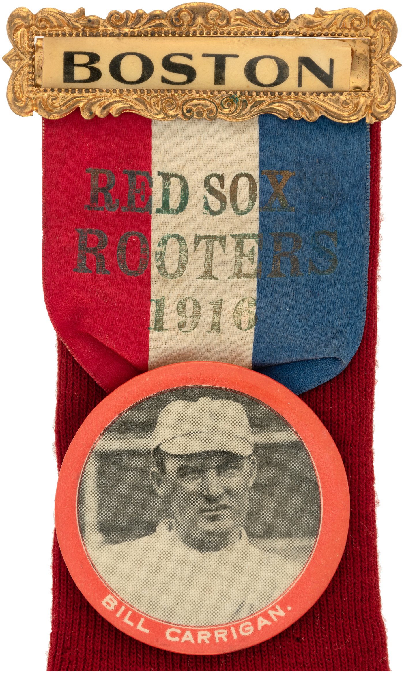 Hake's - 1916 BOSTON RED SOX ROOTERS/BILL CARRIGAN RIBBON BADGE W/BUTTON &  STOCKING.