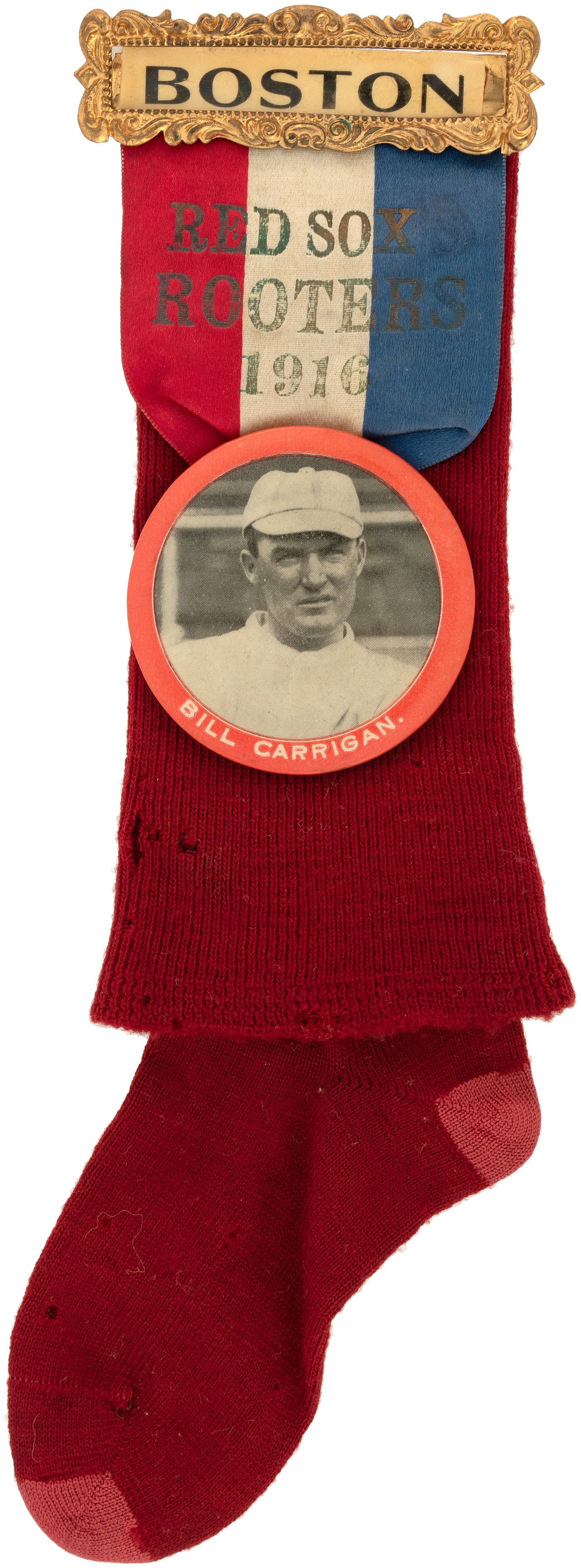 Hake's - 1916 BOSTON RED SOX ROOTERS/BILL CARRIGAN RIBBON BADGE W/BUTTON &  STOCKING.