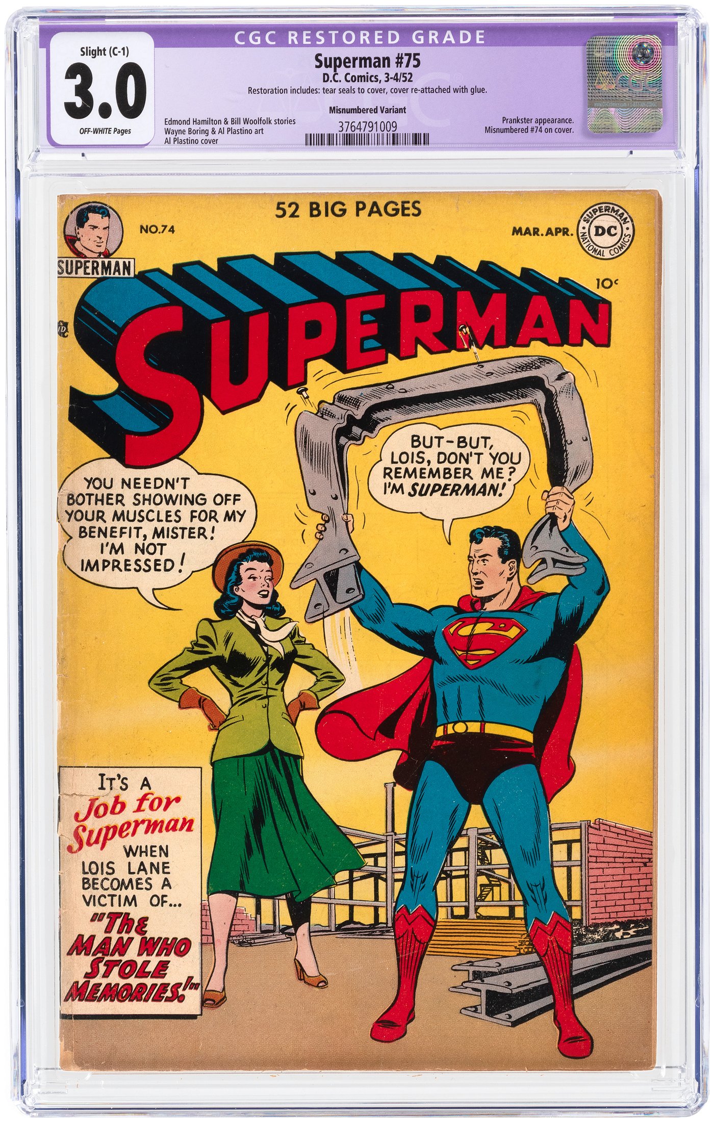 Hake's - SUPERMAN #75 MARCH-APRIL 1952 CGC RESTORED 3.0 SLIGHT (C-1 ...