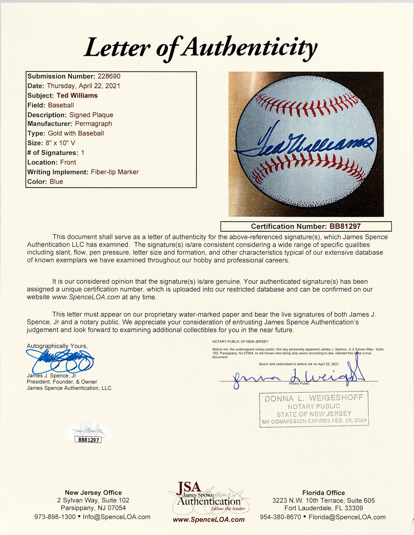 Ted Williams Signed HOF Authentic Lifetime Stats