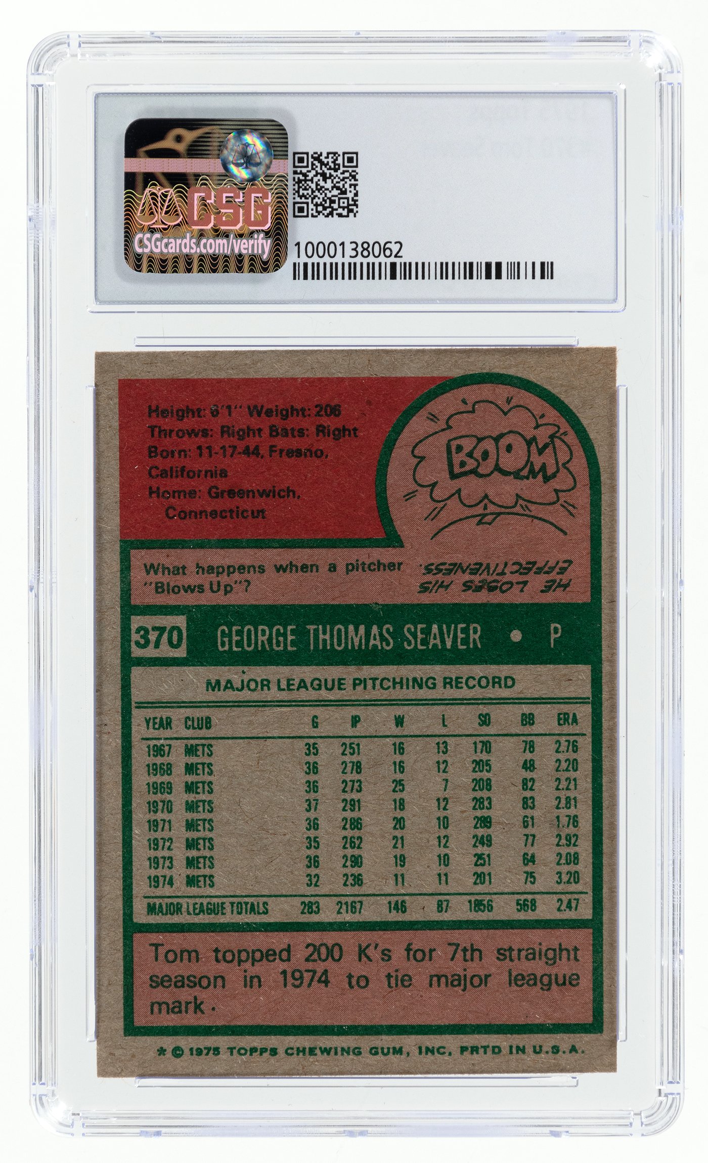 1975 TOPPS #370 TOM SEAVER BASEBALL CARD