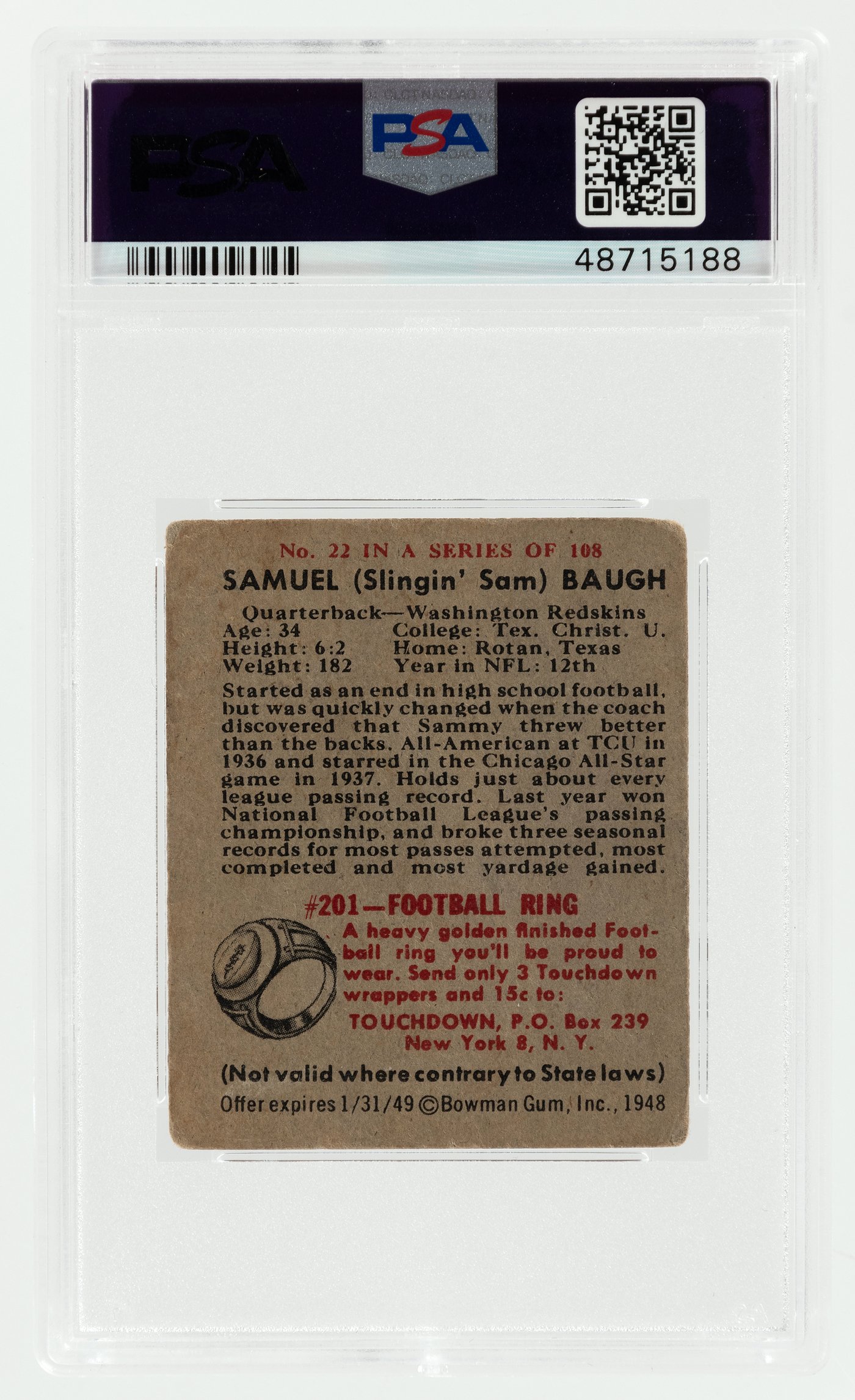 Hake's - 1948 BOWMAN #22 SAMMY BAUGH (HOF) ROOKIE CARD PSA 2 GOOD.