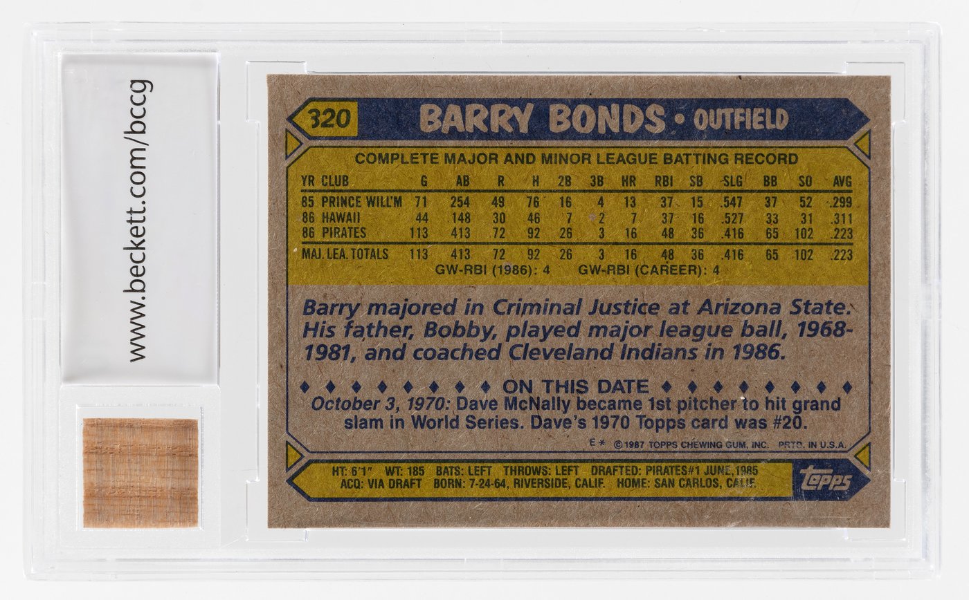 Barry Bonds 1987 Topps #320 with Game-Used Bat Piece (BCCG 10)