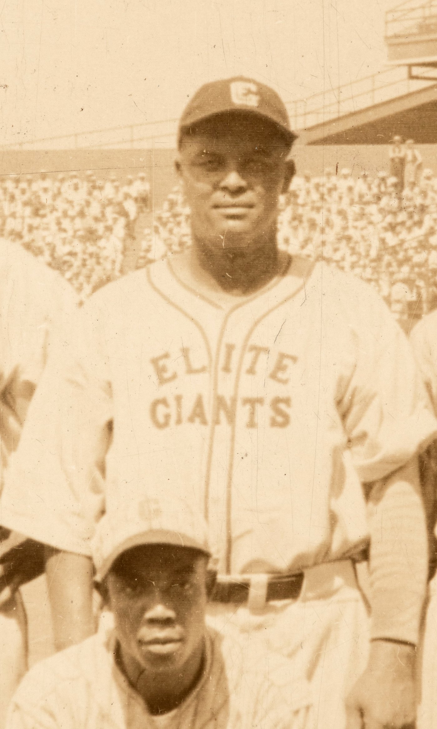 BASEBALL: NEGRO LEAGUES. /n'Cool Papa' Bell (front row, center), 'Satchel'  Paige (middle, far right), Josh Gibson (back, far left) and other members  of an American Negro Leagues All-Star team which participated in