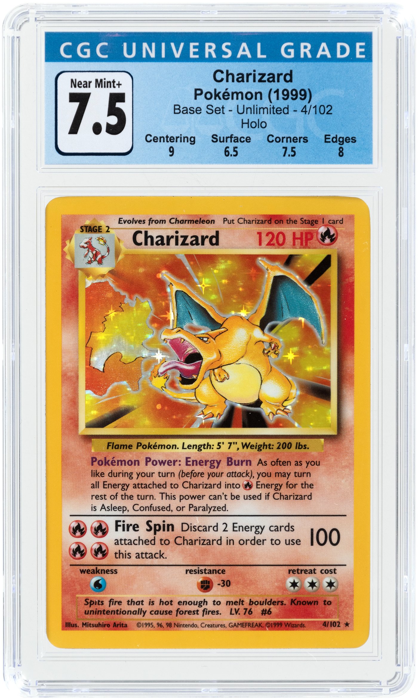 Hake's - 1999 POKÉMON BASE SET CHARIZARD 4/102 HOLO UNLIMITED CGC 7.5 NM+.