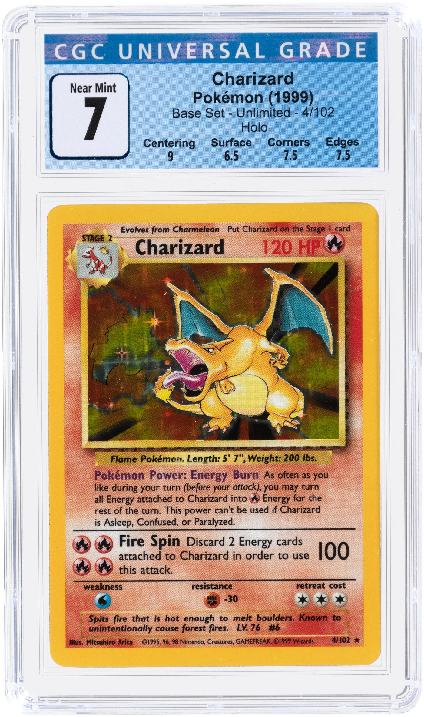 Hake's - 1999 POKÉMON BASE SET CHARIZARD 4/102 HOLO UNLIMITED CGC 7.0 NM.