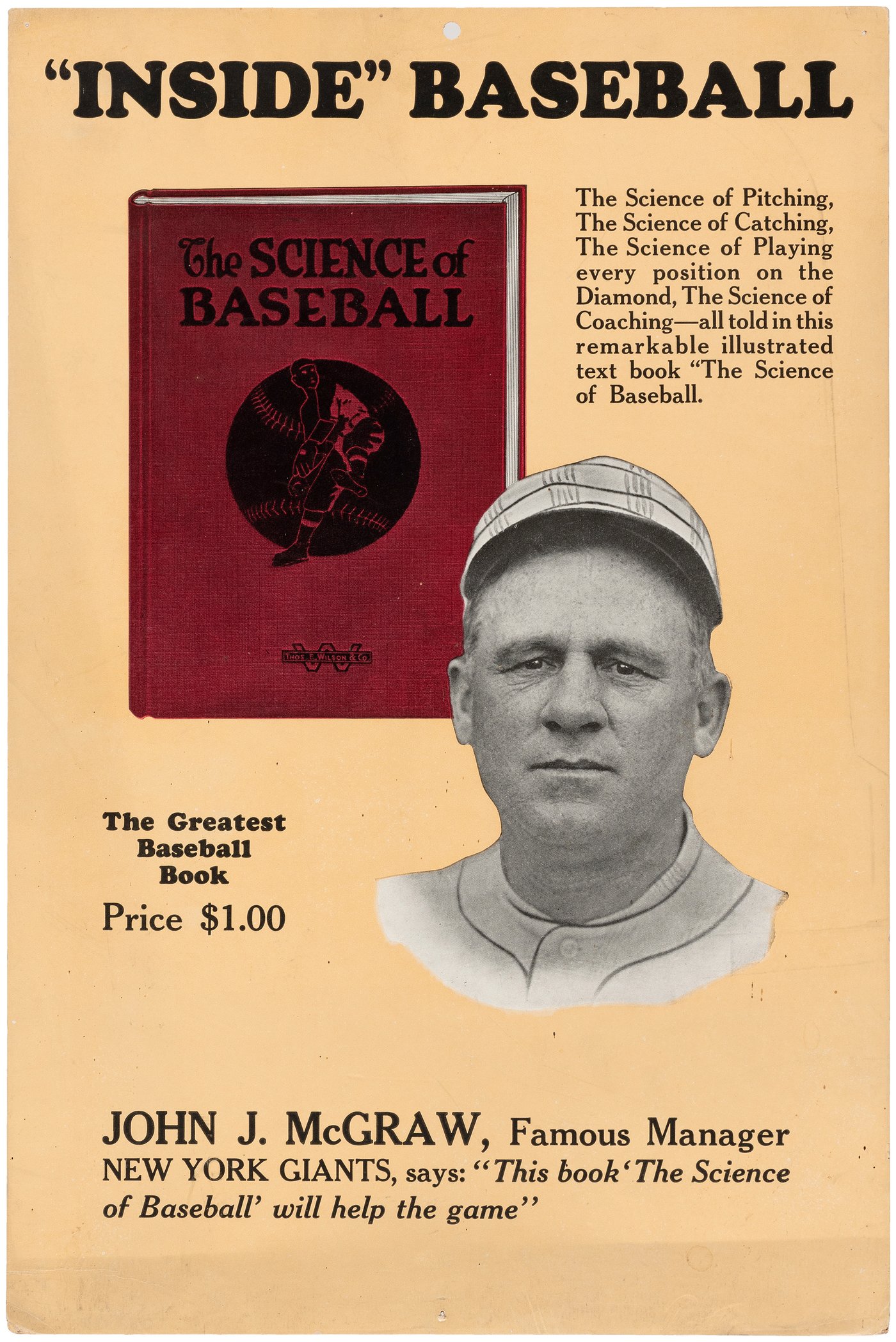 Hake's - JOHN McGRAW (HOF) THE SCIENCE OF BASEBALL BOOK ADVERTISING SIGN.