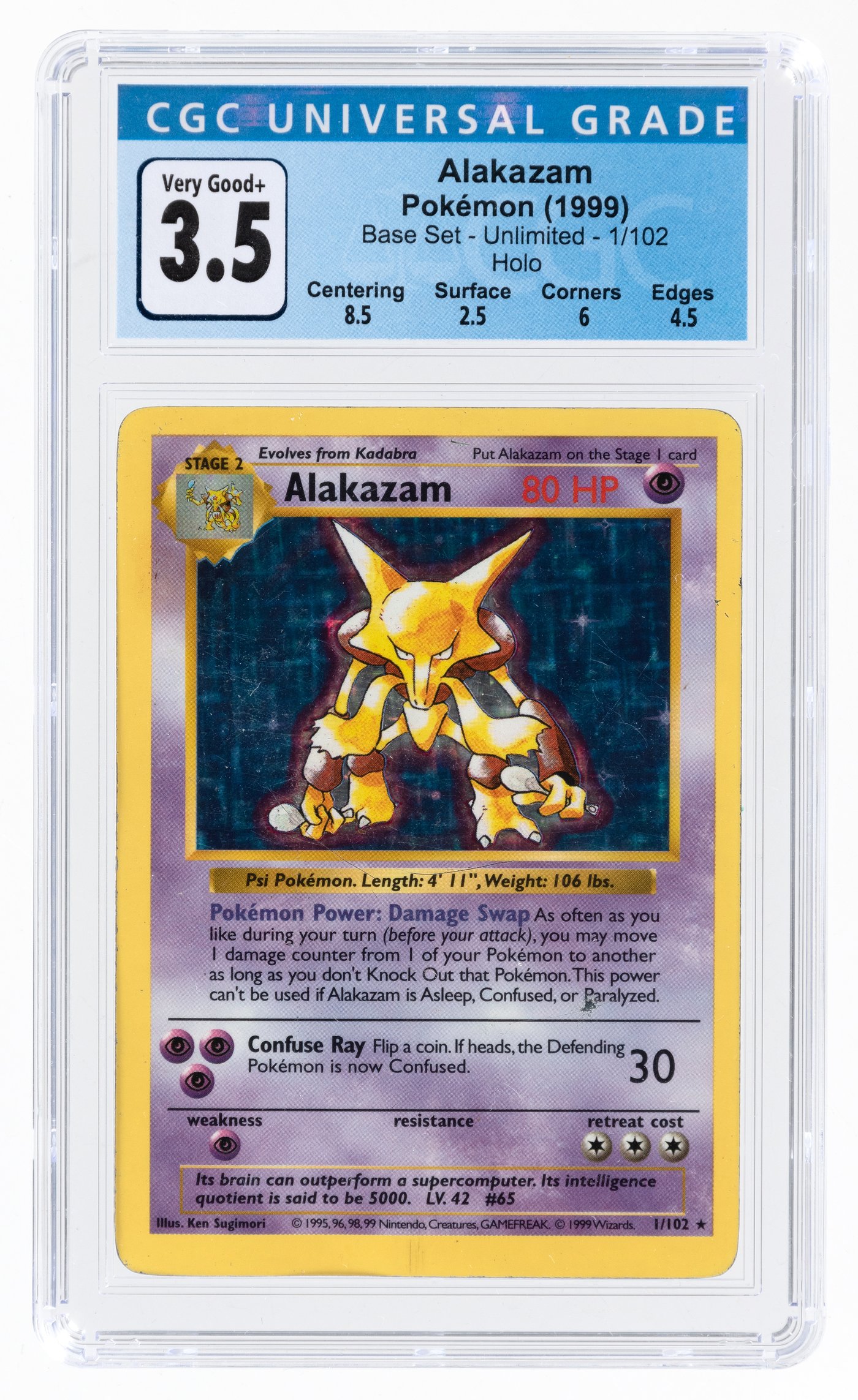 Hake's - 1999 POKÉMON BASE SET ALAKAZAM 1/102 HOLO SHADOWLESS CGC 3.5 VG+.