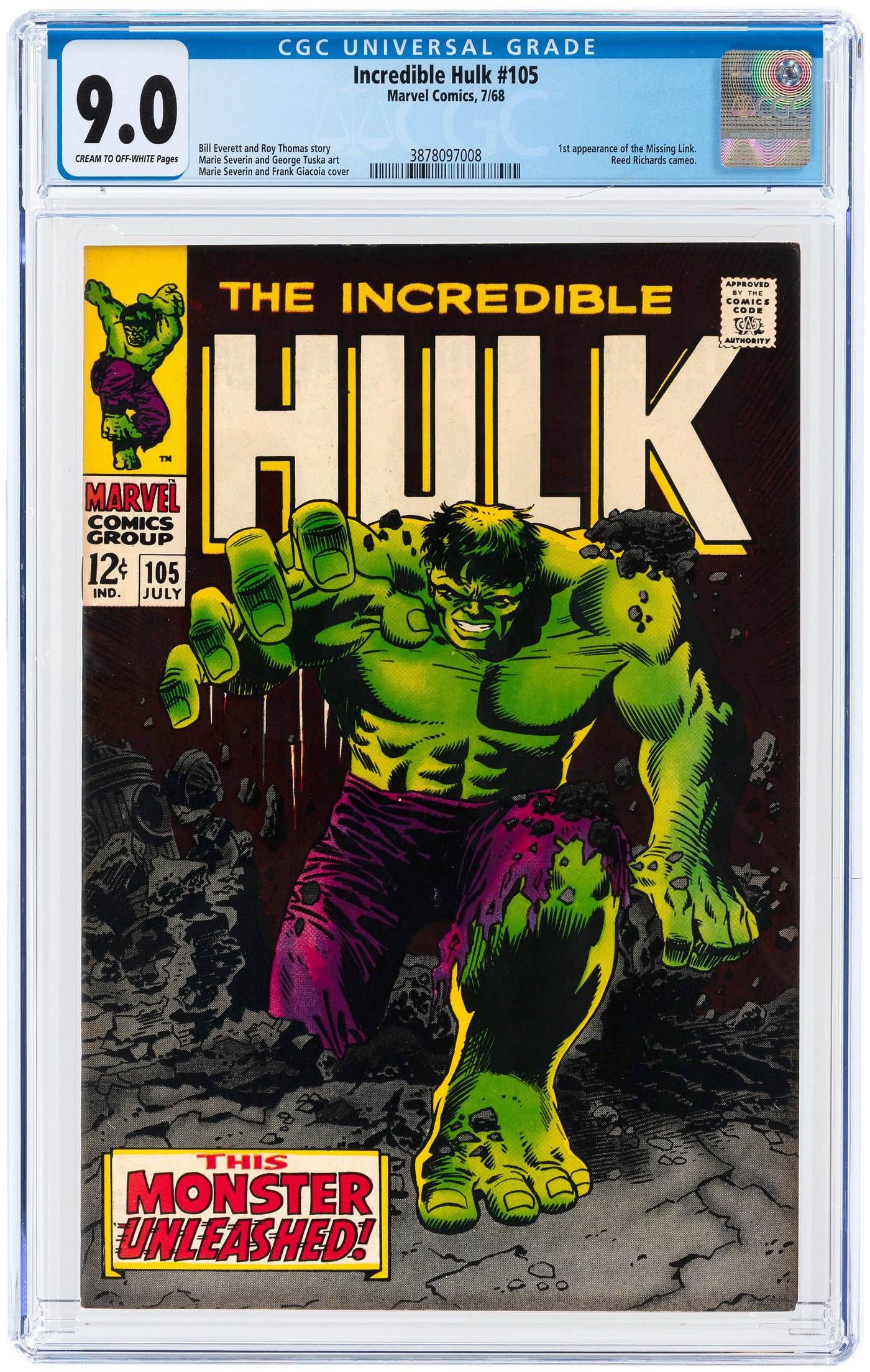 Hake's - INCREDIBLE HULK #105 JULY 1968 CGC 9.0 VF/NM.