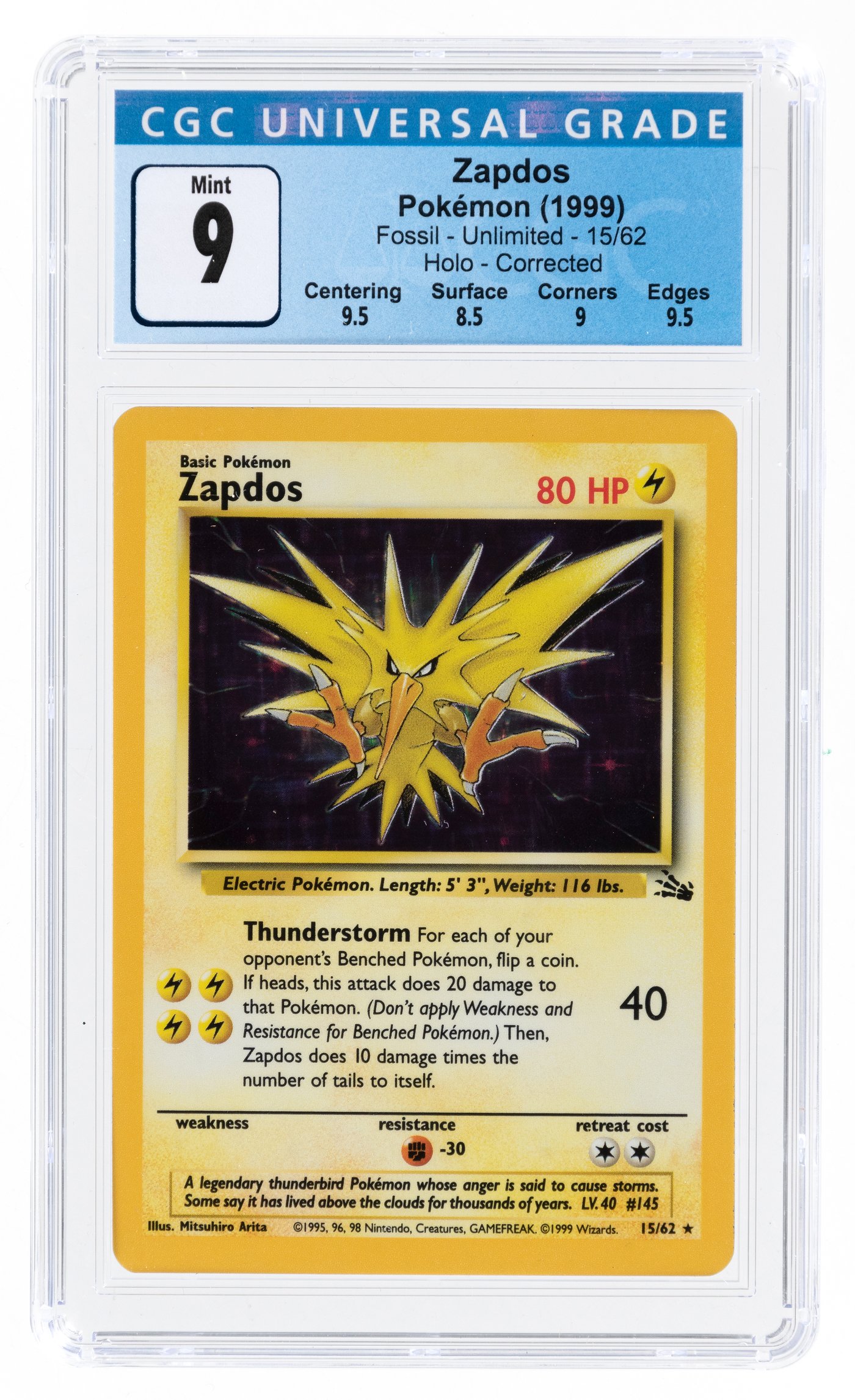 Hake's 1999 POKÉMON FOSSIL SET ZAPDOS 15/62 HOLO UNLIMITED (CORRECTED