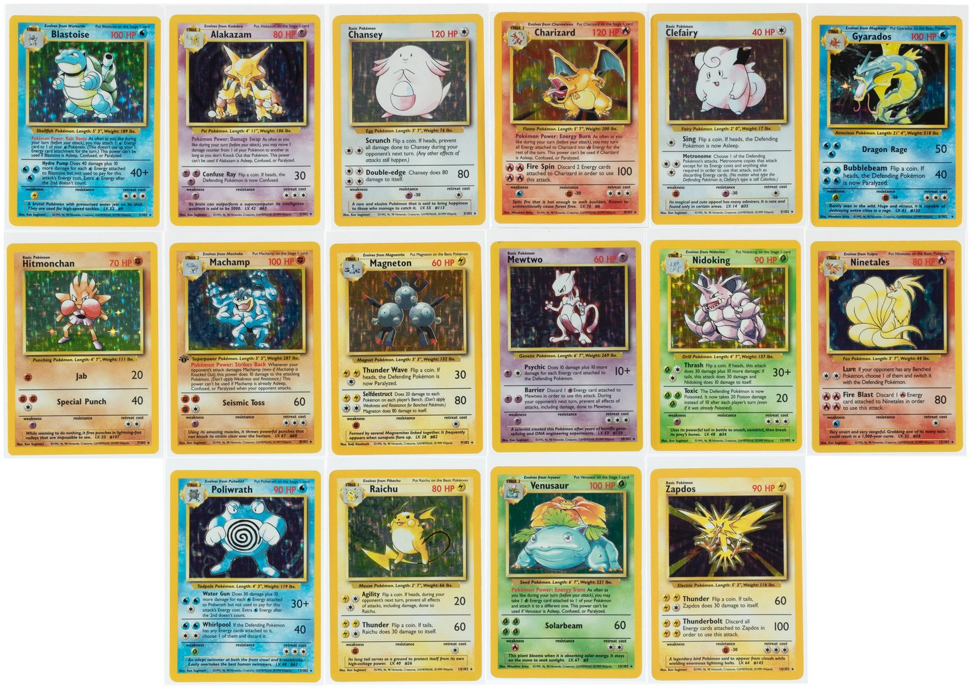 Hake's - 1999 POKÉMON BASE SET UNLIMITED SET COMPLETE SET OF 102 CARDS.