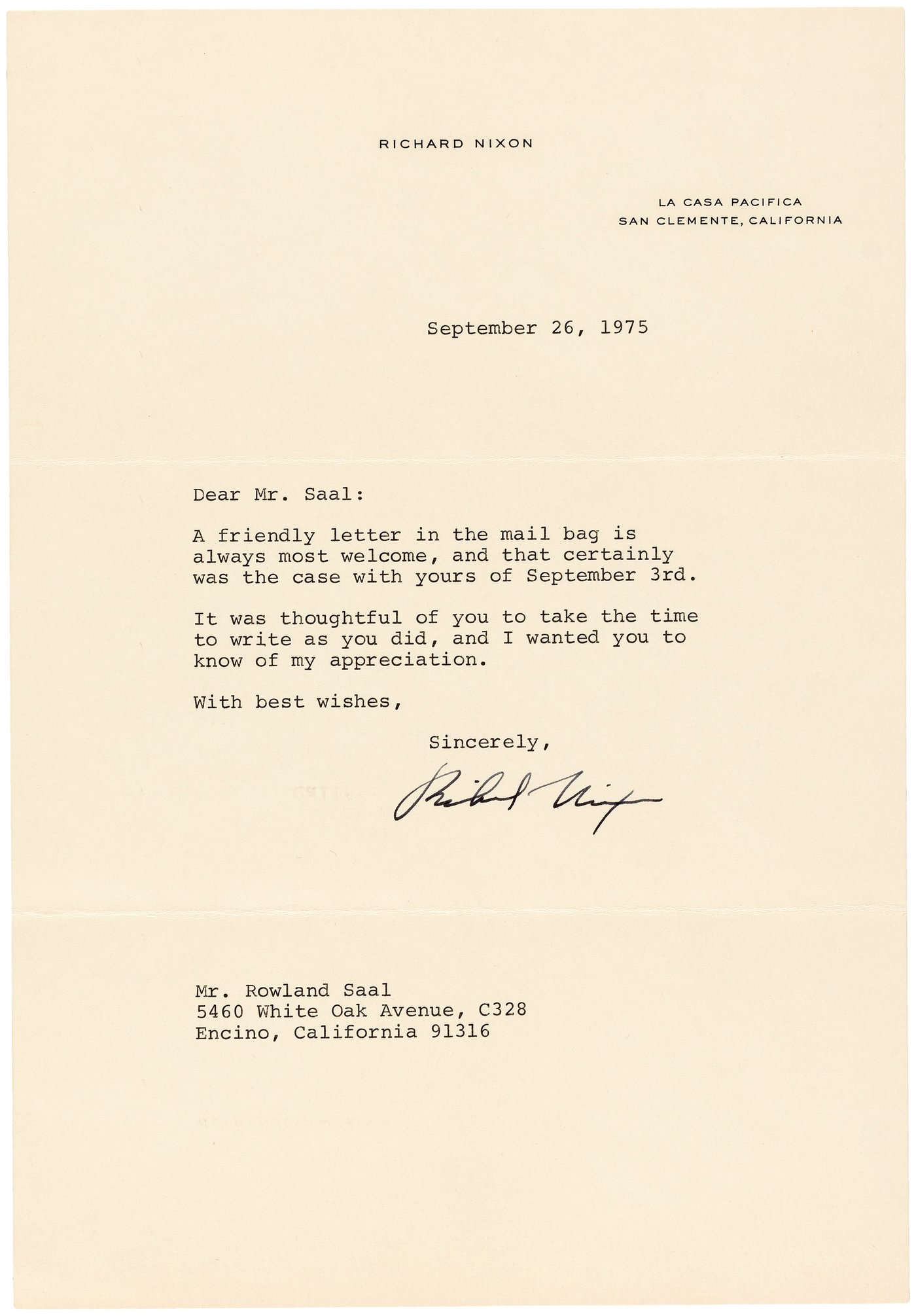 Hake's - RICHARD NIXON SIGNED 1975 LETTER ON SAN CLEMENTE, CA STATIONERY.