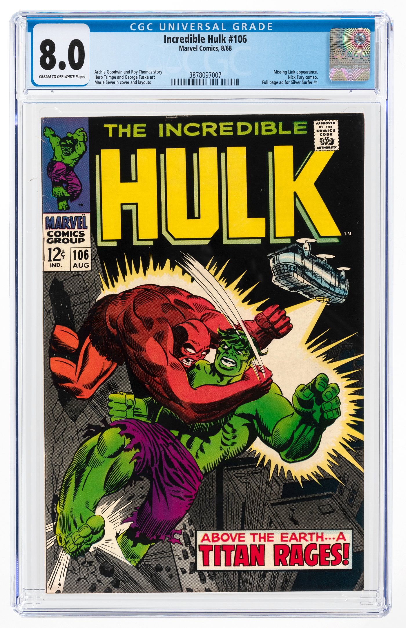 Hake's - INCREDIBLE HULK #106 AUGUST 1968 CGC 8.0 VF.