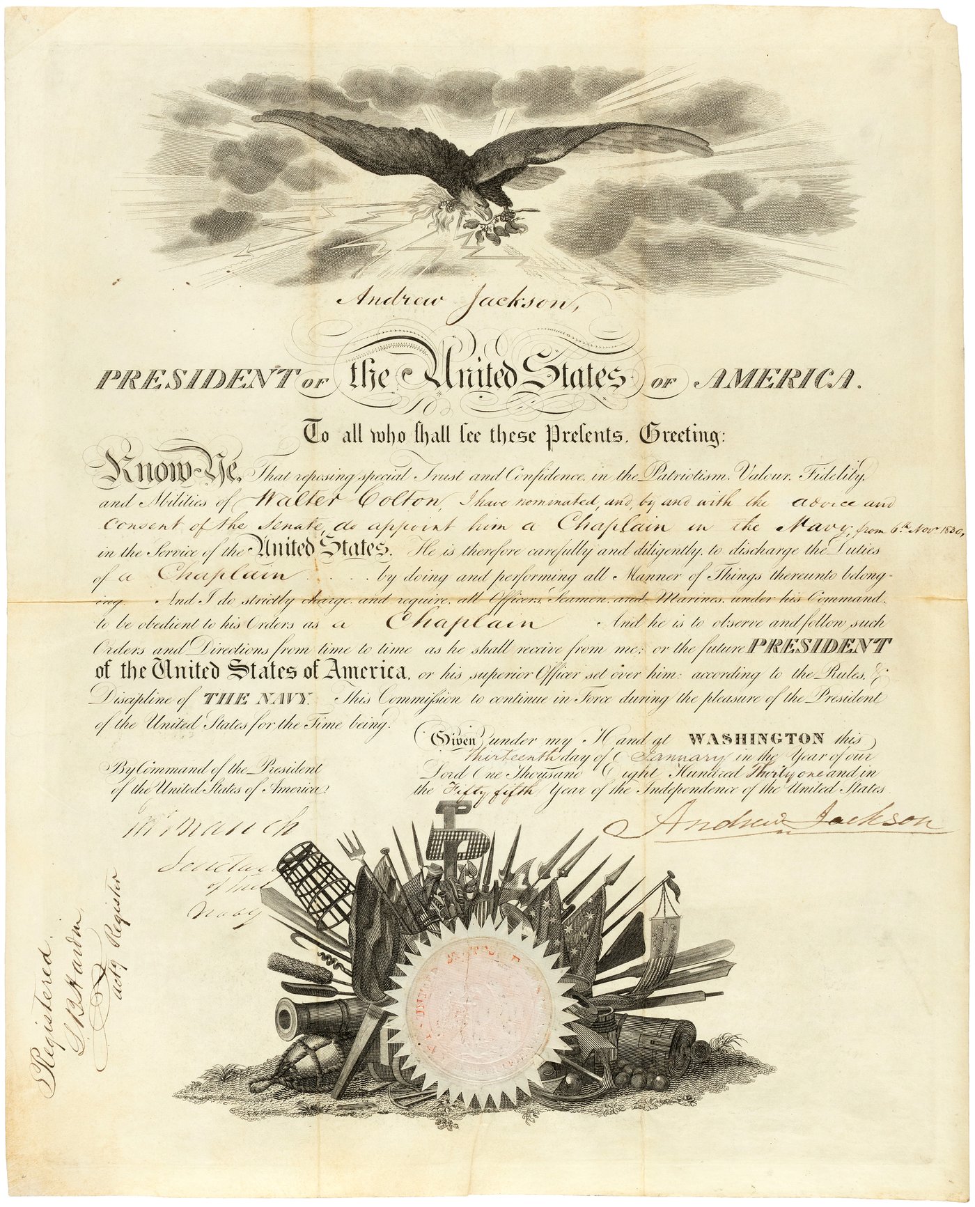 Hake's - ANDREW JACKSON NAVY CHAPLIN COMMISSION DOCUMENT SIGNED AS ...