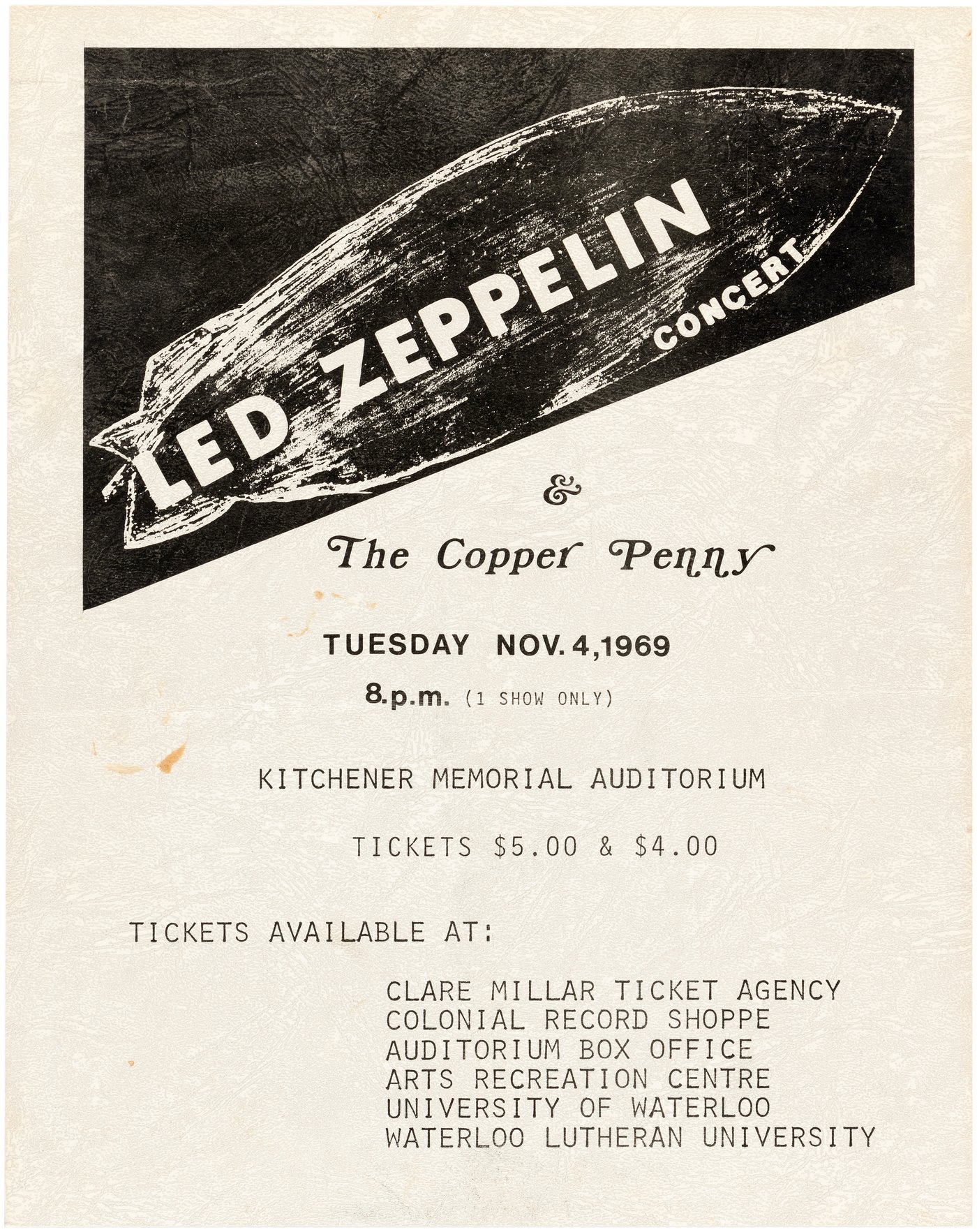 Hake's - LED ZEPPELIN 1969 KITCHENER, ONTARIO CANADA LIKELY UNIQUE