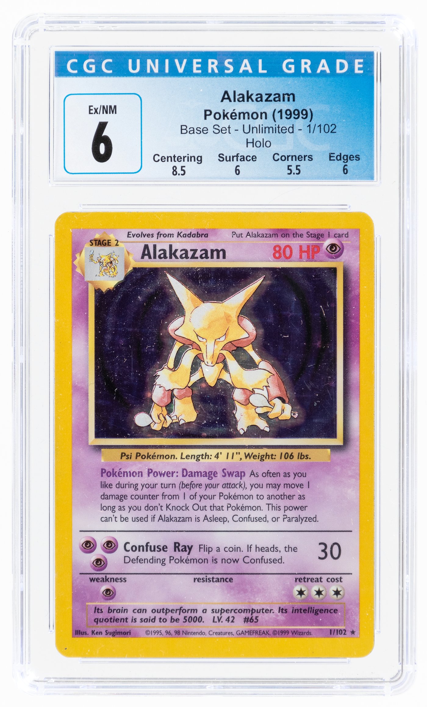 Hake's - 1999 POKÉMON BASE SET ALAKAZAM 1/102 UNLIMITED HOLO CGC 6 EX/NM.