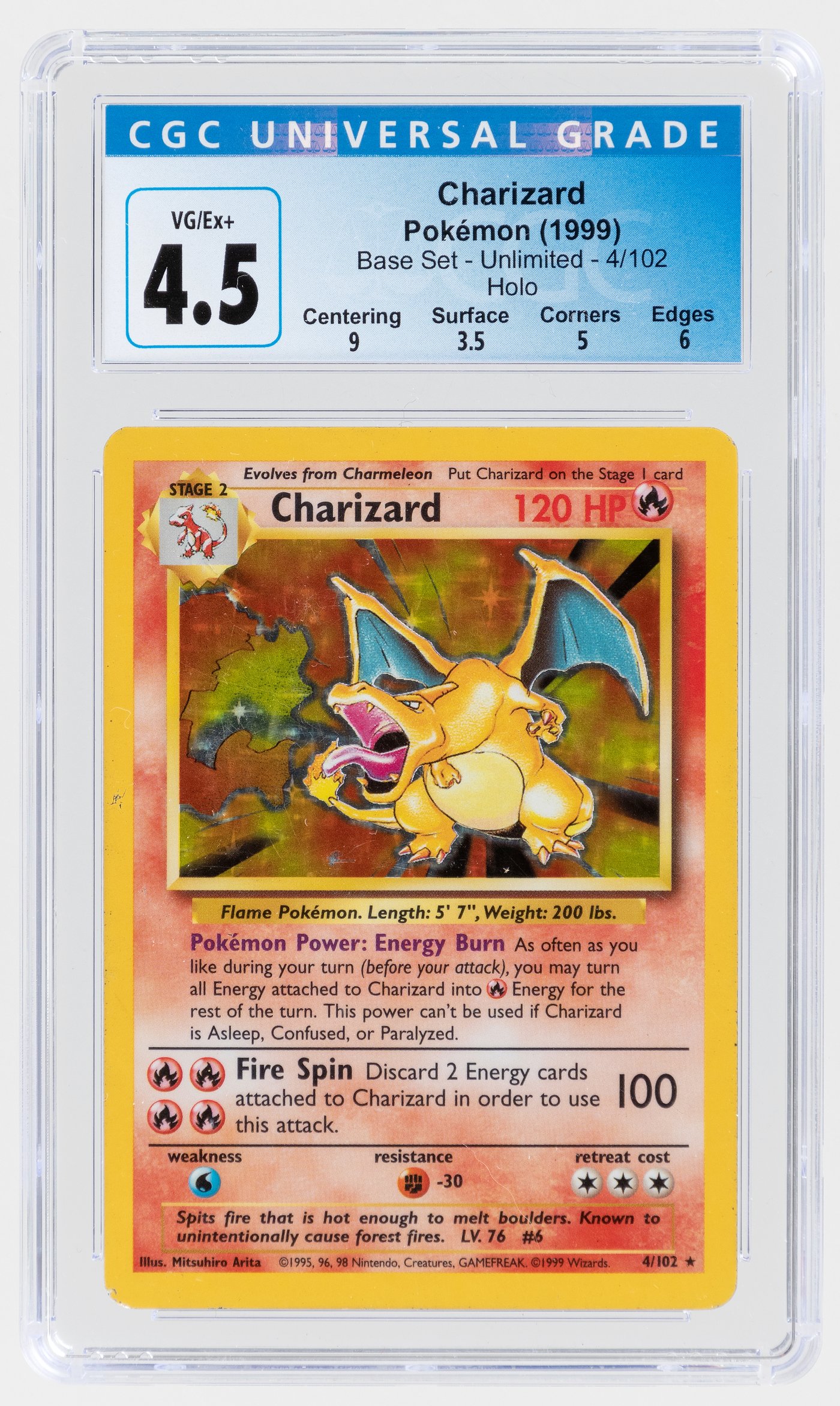 Hake's - 1999 POKÉMON BASE SET CHARIZARD 4/102 UNLIMITED HOLO CGC 4.5 ...