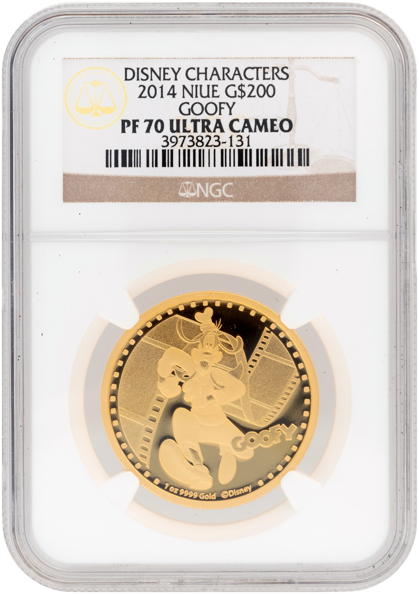 Hake's - 2014 1 OZ. NIUE $200 GOLD DISNEY CHARACTERS GOOFY NGC PF70 ULTRA  CAMEO PROOF.