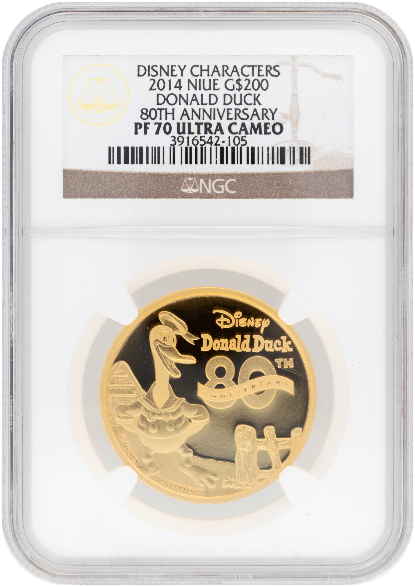 Hake's - 2014 1 OZ. NIUE GOLD $200 DISNEY DONALD DUCK 80TH