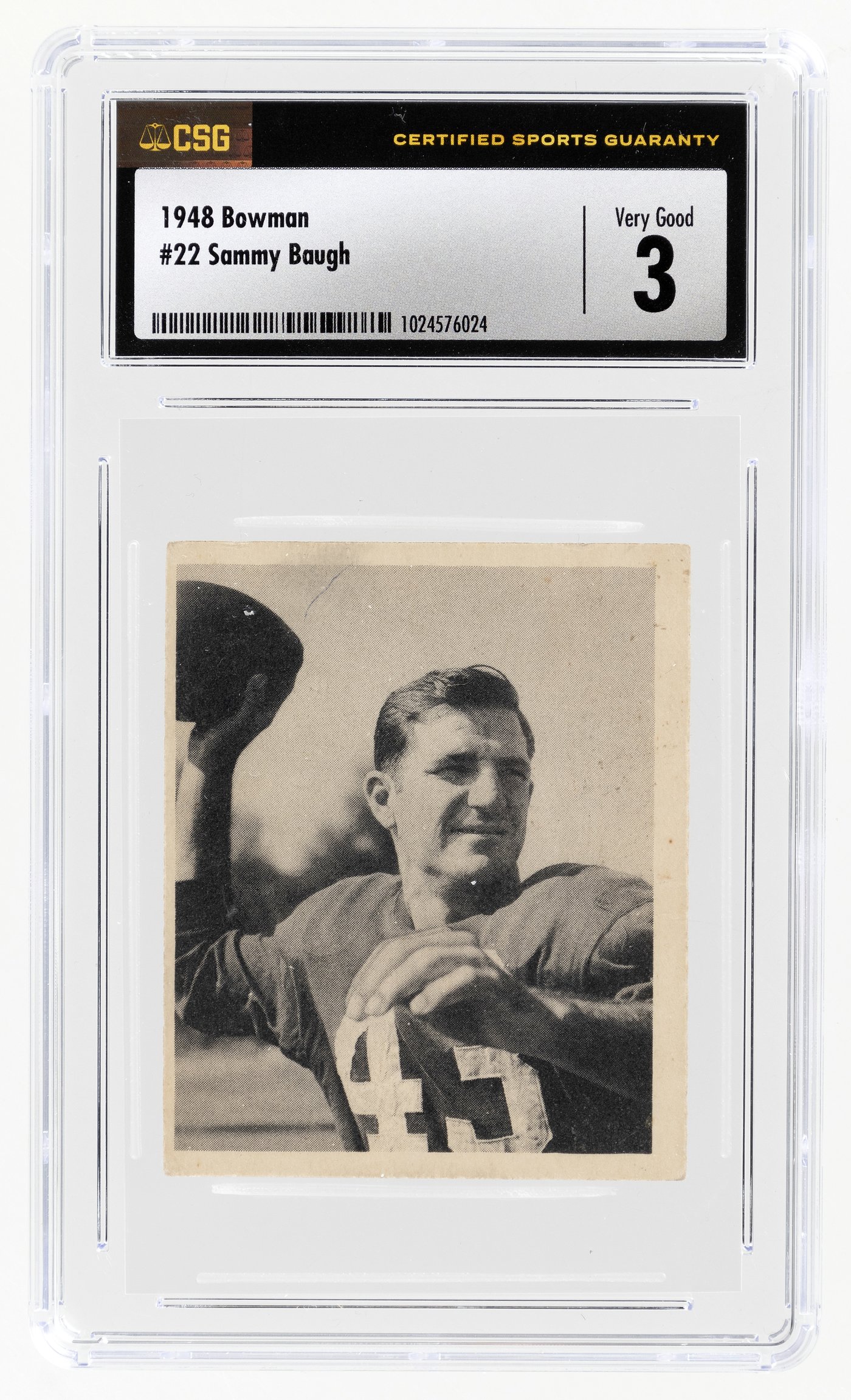 Hake's - 1948 BOWMAN #22 SAMMY BAUGH (HOF) ROOKIE CARD CSG 3 VERY GOOD.