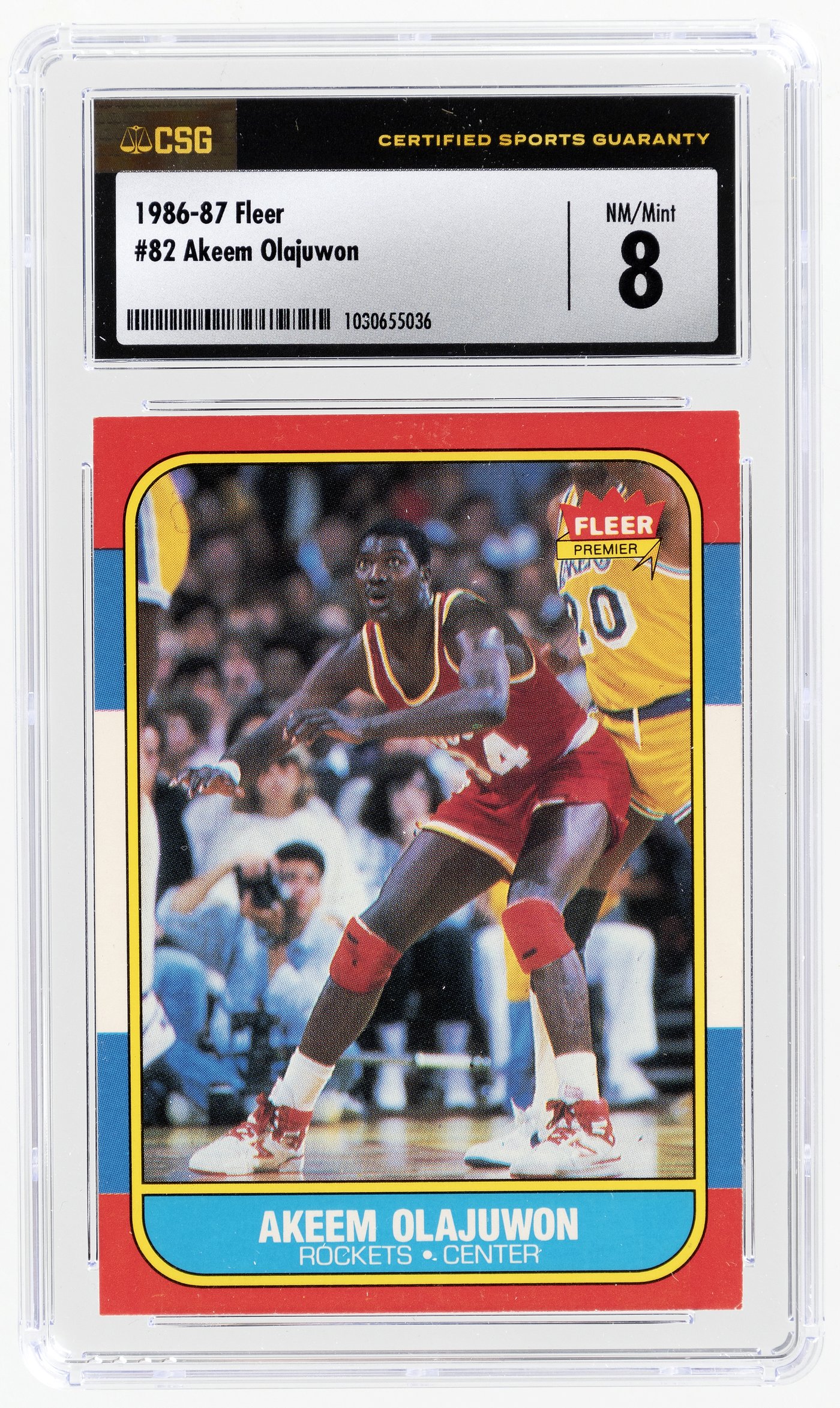 Hakes 1986 87 Fleer 82 Akeem Olajuwon Hof Rookie Card Csg 8 Nm Mint