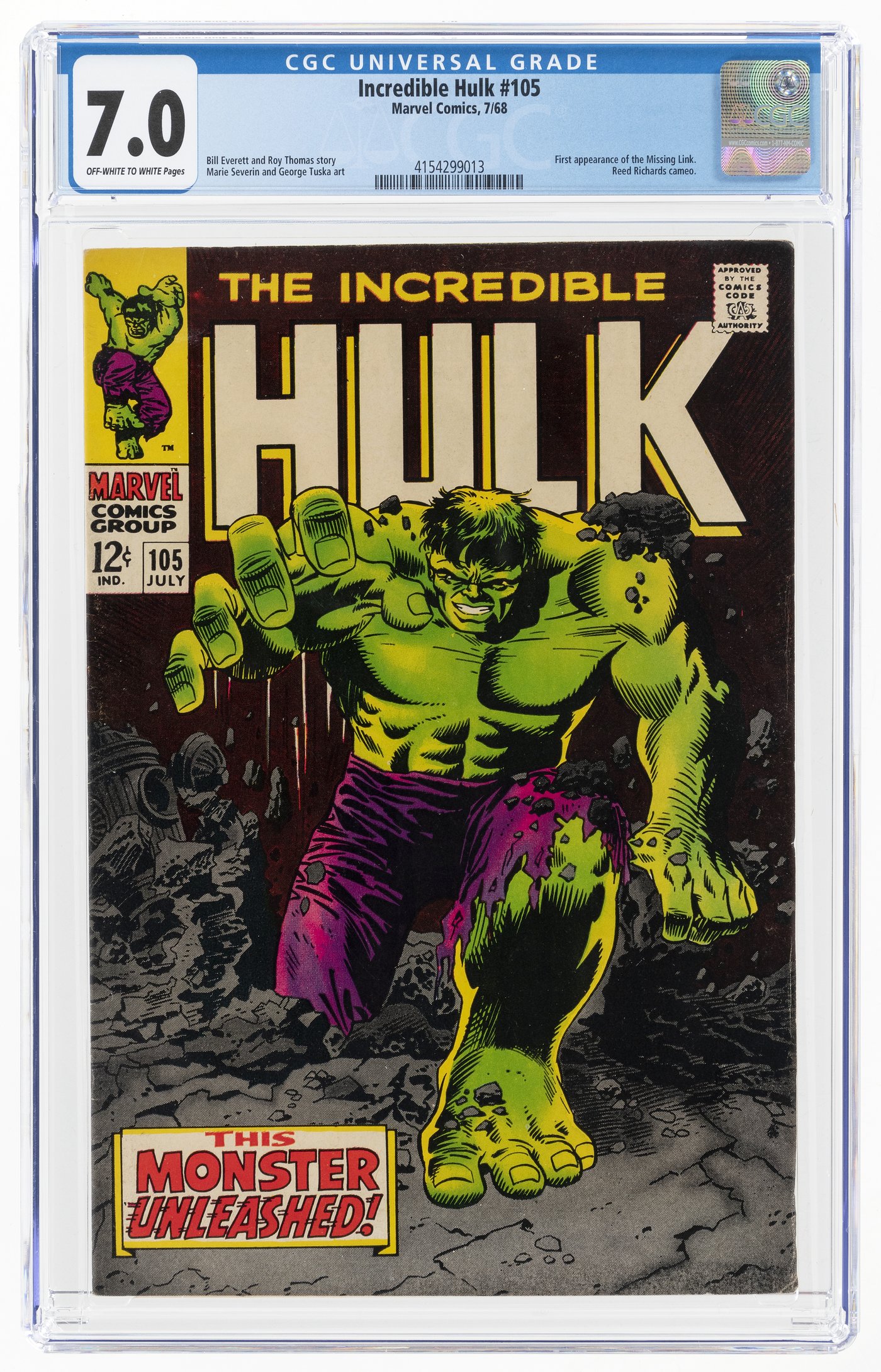 Hake's - INCREDIBLE HULK #105 JULY 1968 CGC 7.0 FINE/VF.