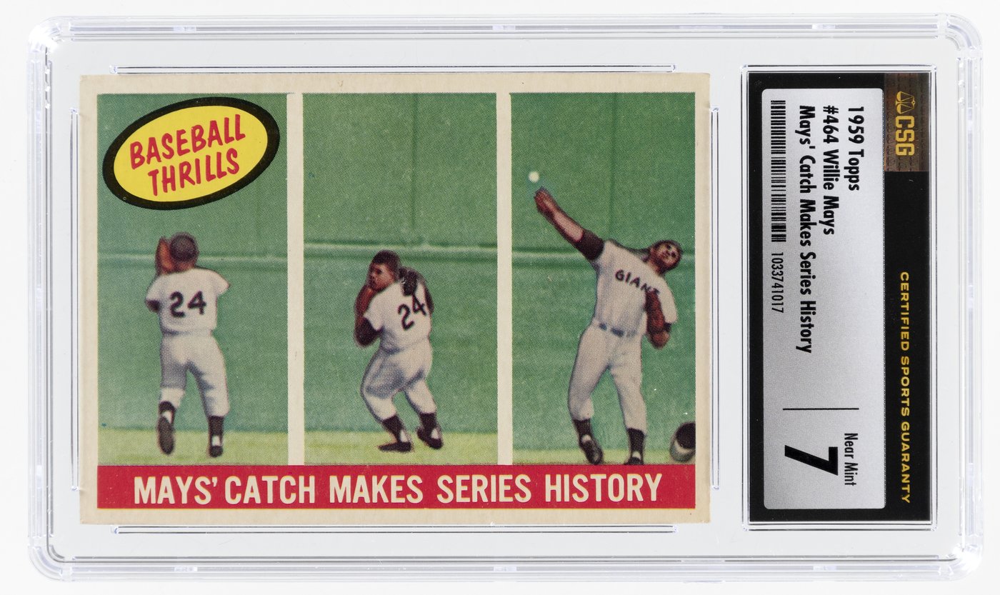 1959 TOPPS BASEBALL #464 WILLIE MAYS “MAYS CATCH MAKES SERIES