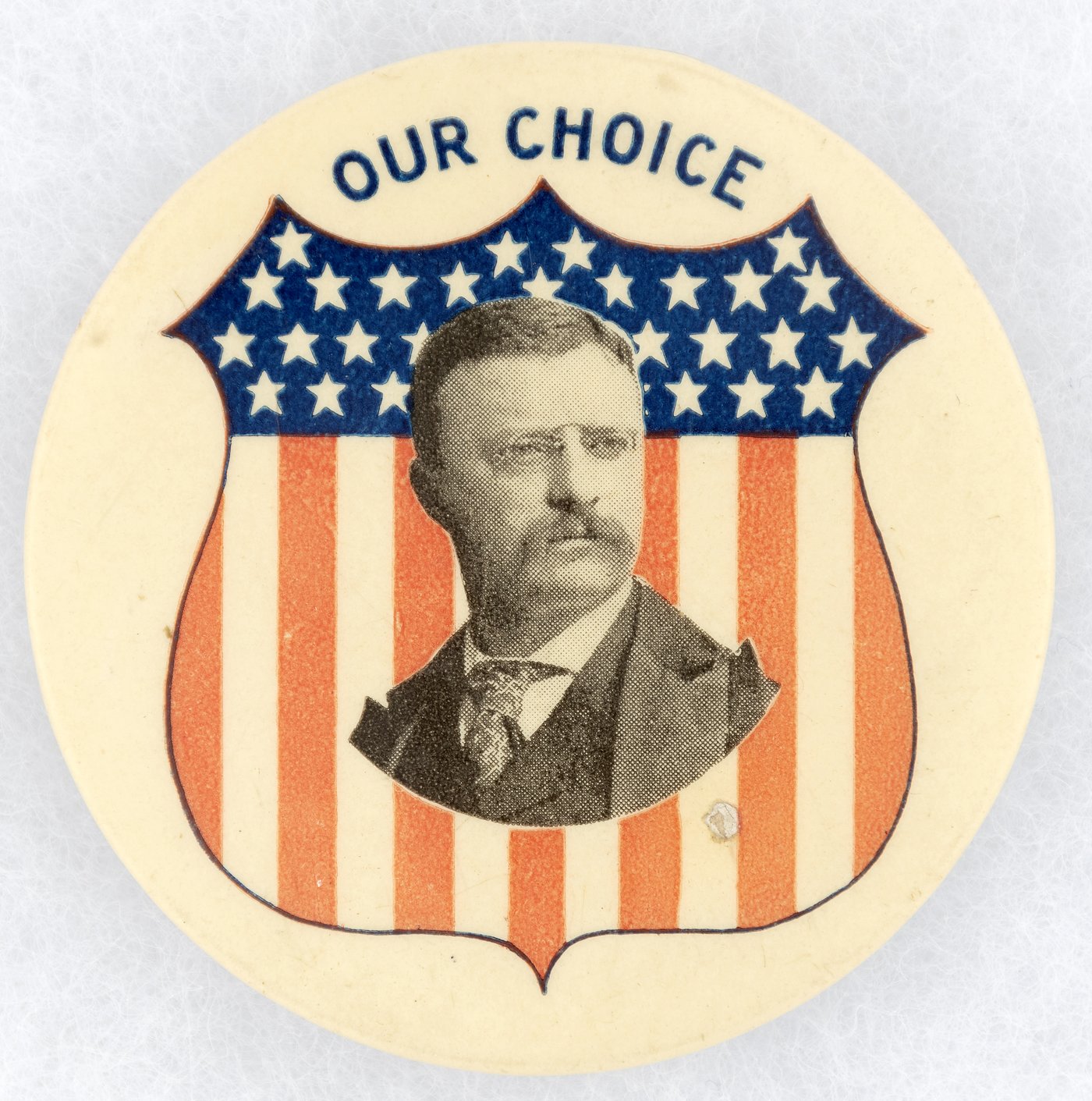 Hake's - OUR CHOICE PATRIOTIC SHIELD DESIGN ROOSEVELT PORTRAIT BUTTON.