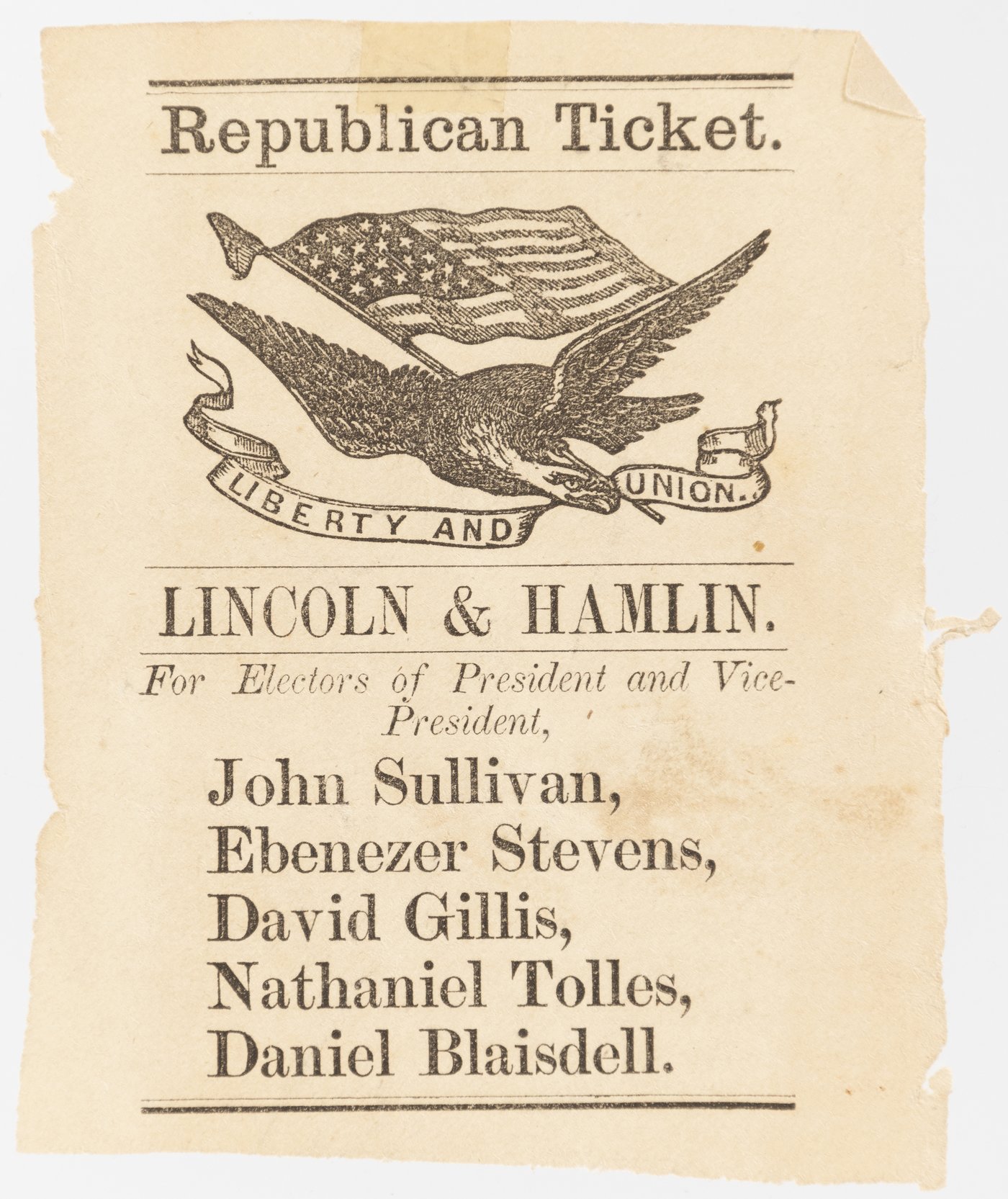 Hake's - LINCOLN & HAMLIN 1860 NEW HAMPSHIRE BALLOT.