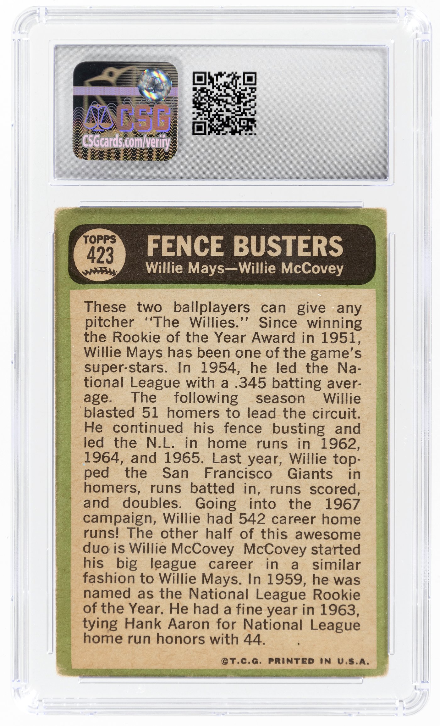 Willie Mays/Willie McCovey 1967 Topps Fence Busters #423 Card