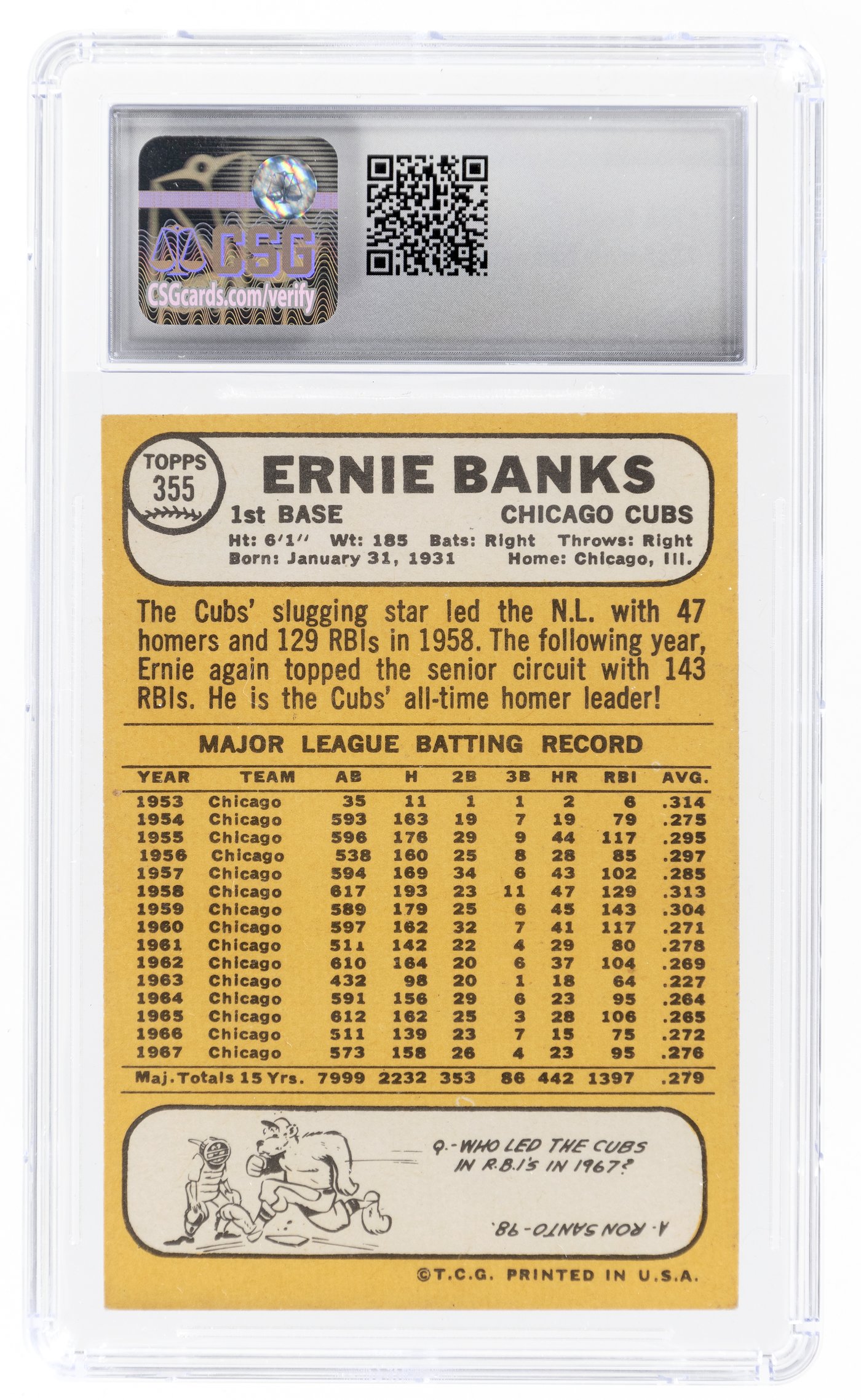 1968 TOPPS BASEBALL #355 ERNIE BANKS CHICAGO CUBS VINTAGE MLB CARD