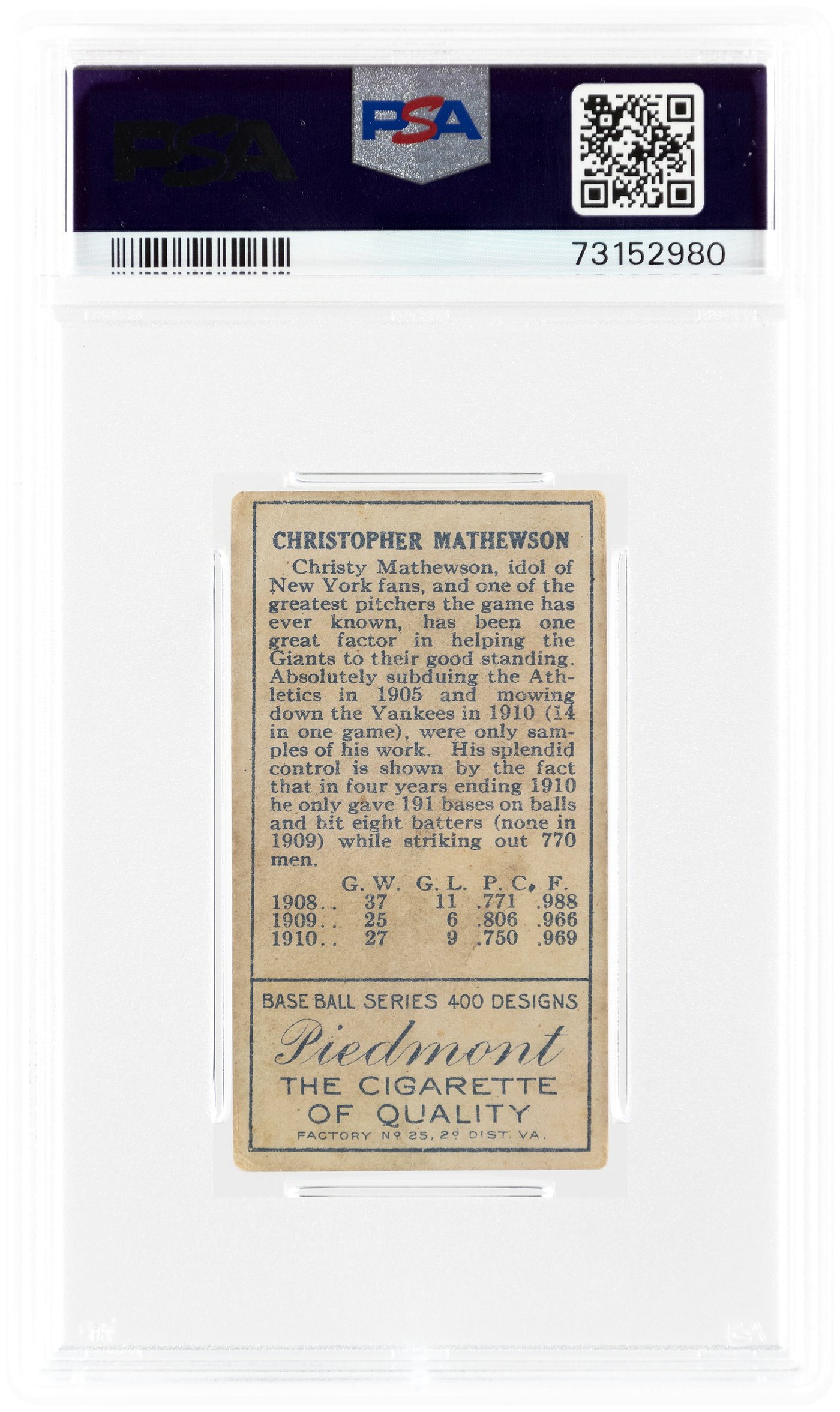 Hake's - 1911 T205 GOLD BORDER CHRISTY MATHEWSON (HOF) PSA 2 GOOD.