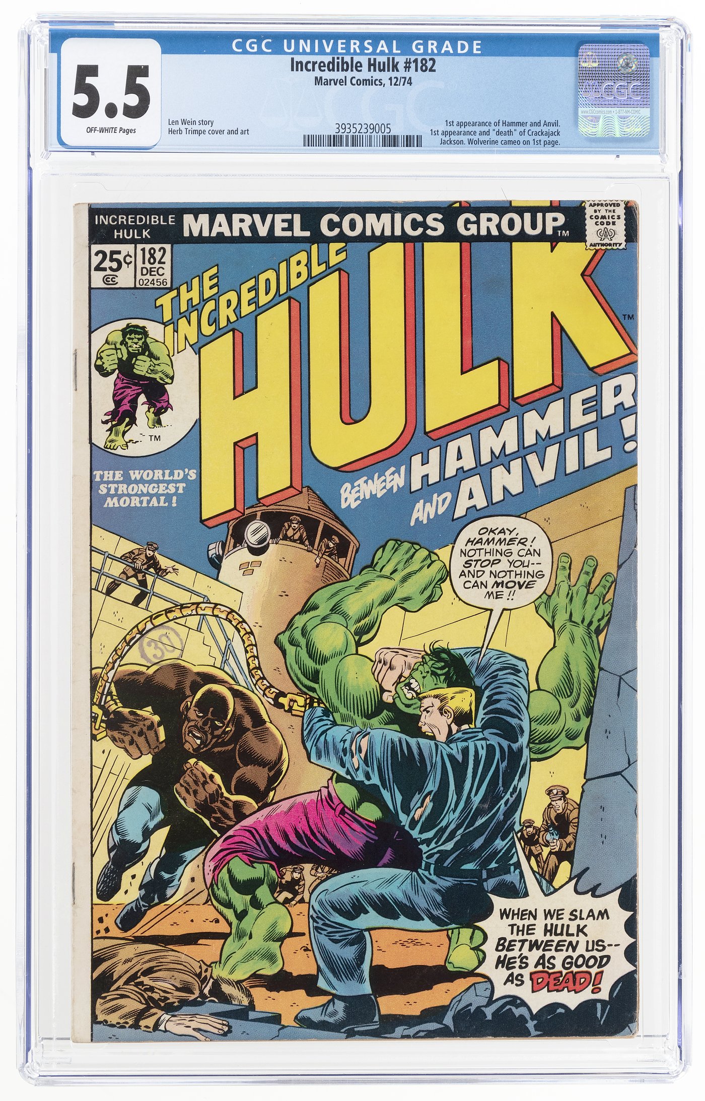 Hake's - INCREDIBLE HULK #182 DECEMBER 1974 CGC 5.5 FINE-.