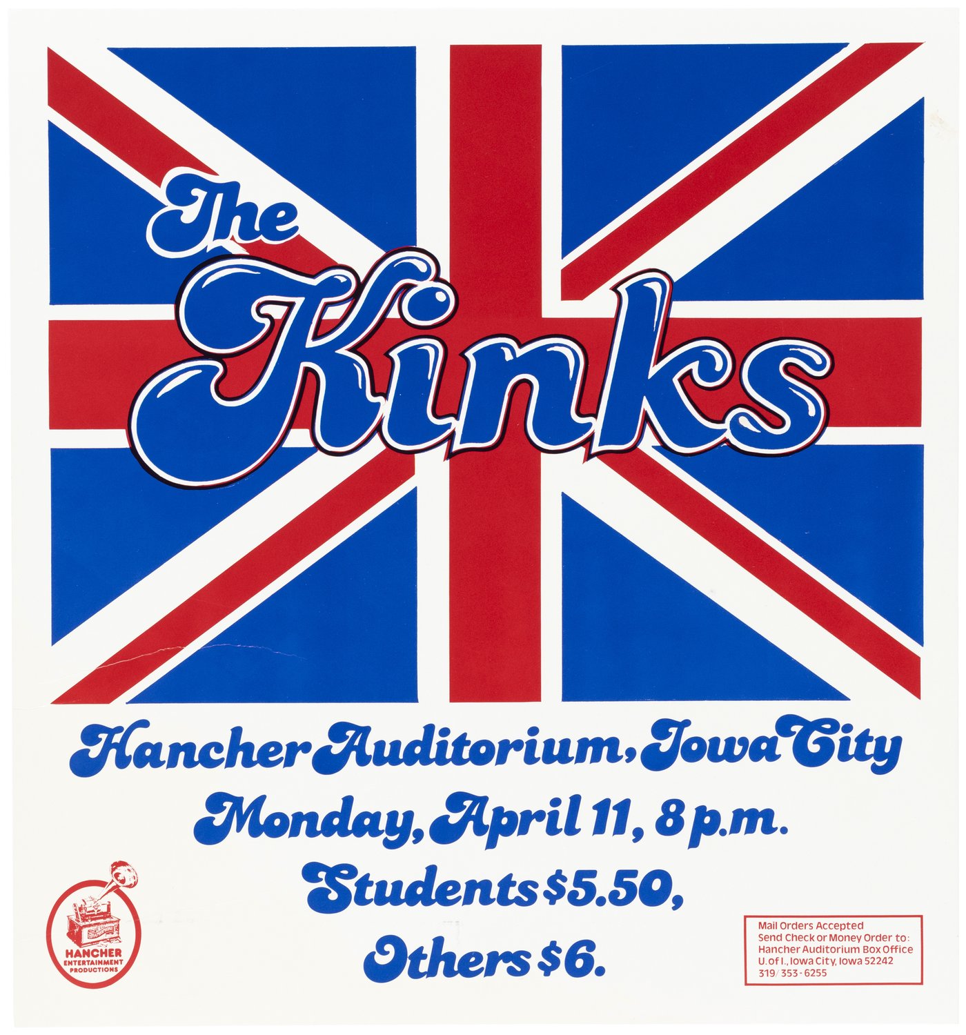 Hake's - THE KINKS 1977 IOWA CITY, IOWA UNION JACK CONCERT POSTER.