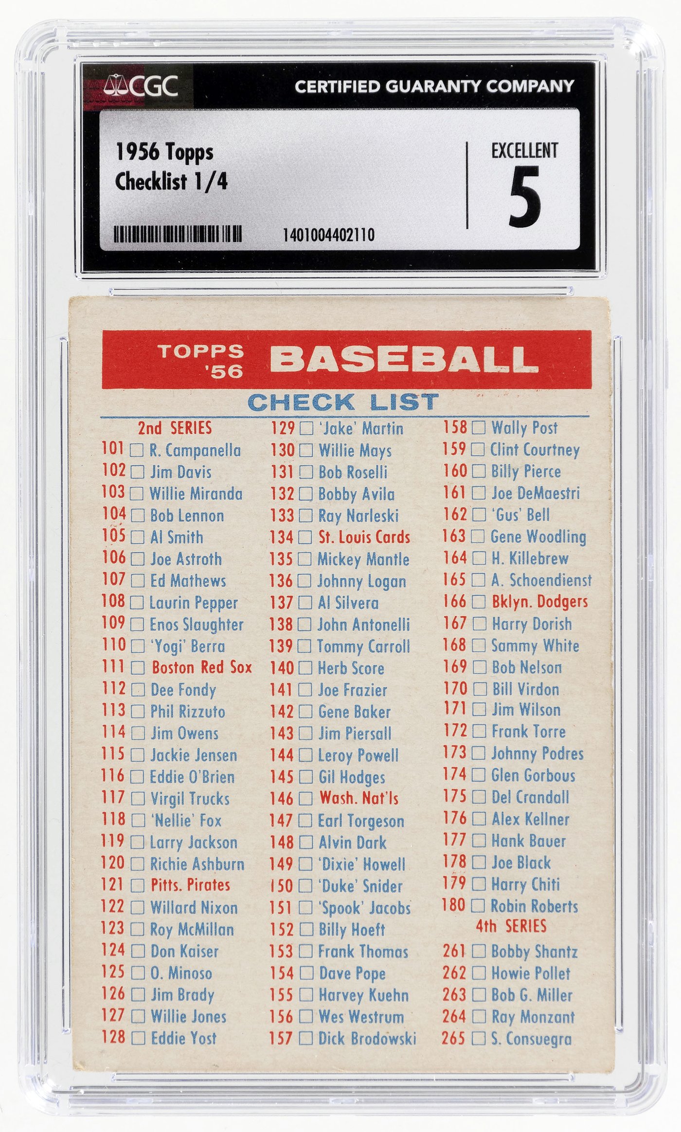 Hake's - 1956 TOPPS CHECKLIST 1/4 CGC 5 EXCELLENT.