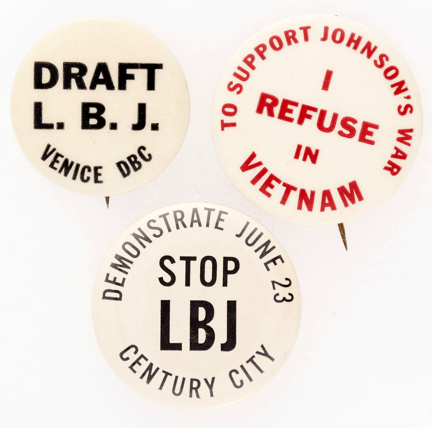 Hake's - ANTI-JOHNSON & ANTI VIETNAM WAR BUTTON TRIO INC. "CENTURY CITY".