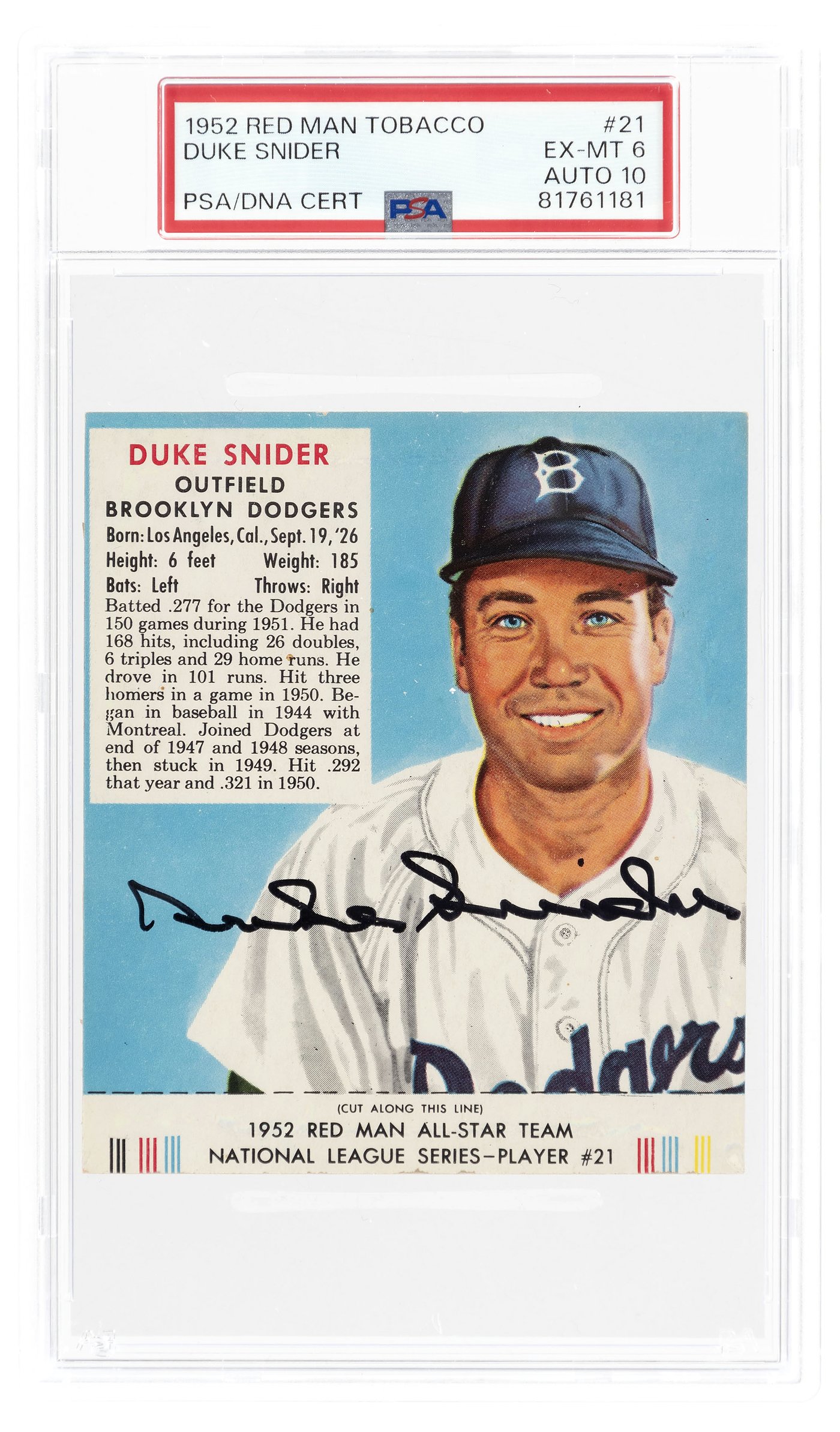 Hake's - 1952 RED MAN TOBACCO #21 DUKE SNIDER (HOF) PSA/DNA 6 EX-MINT ...