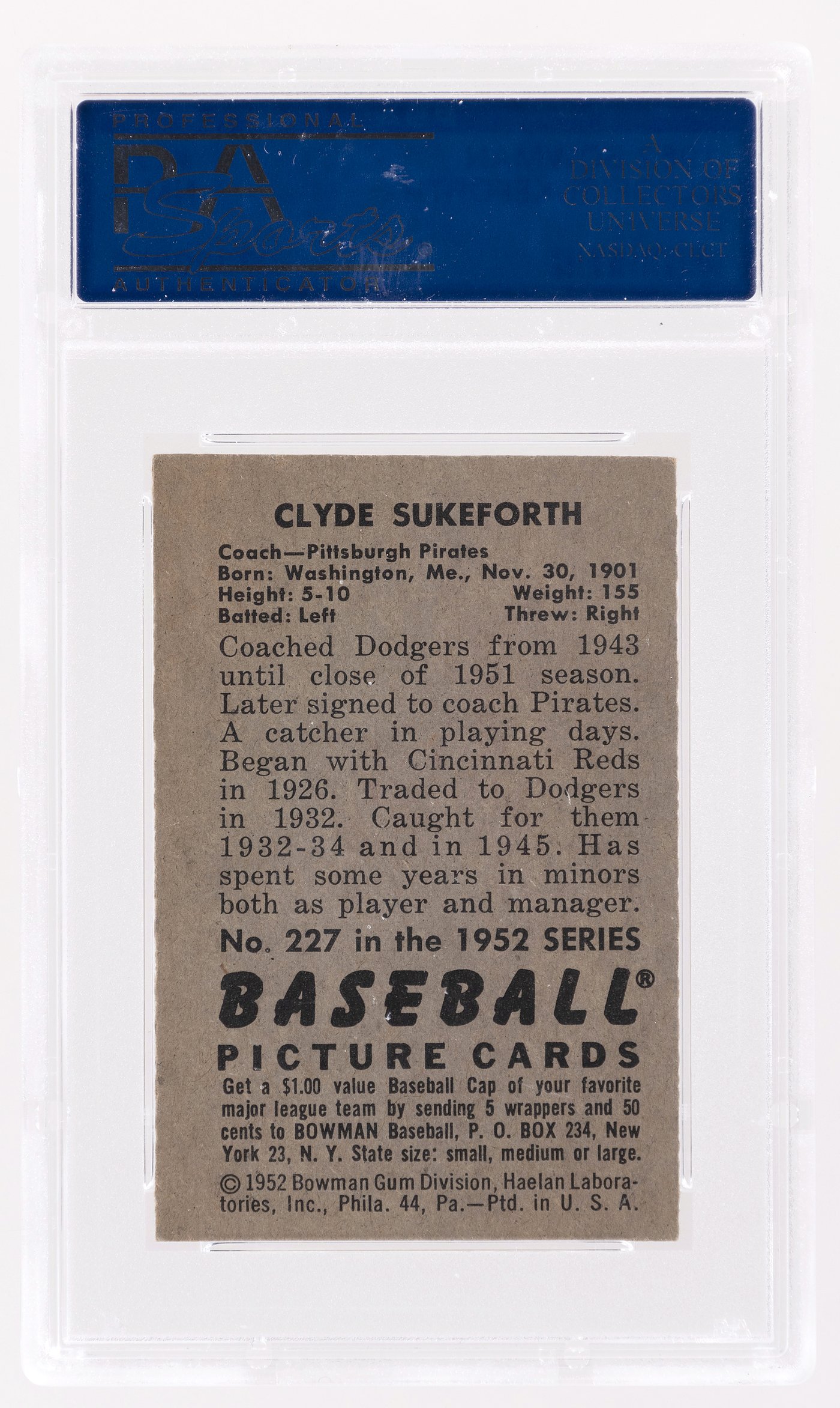 Hake's - 1952 BOWMAN #227 CLYDE SUKEFORTH PSA 7 NM.