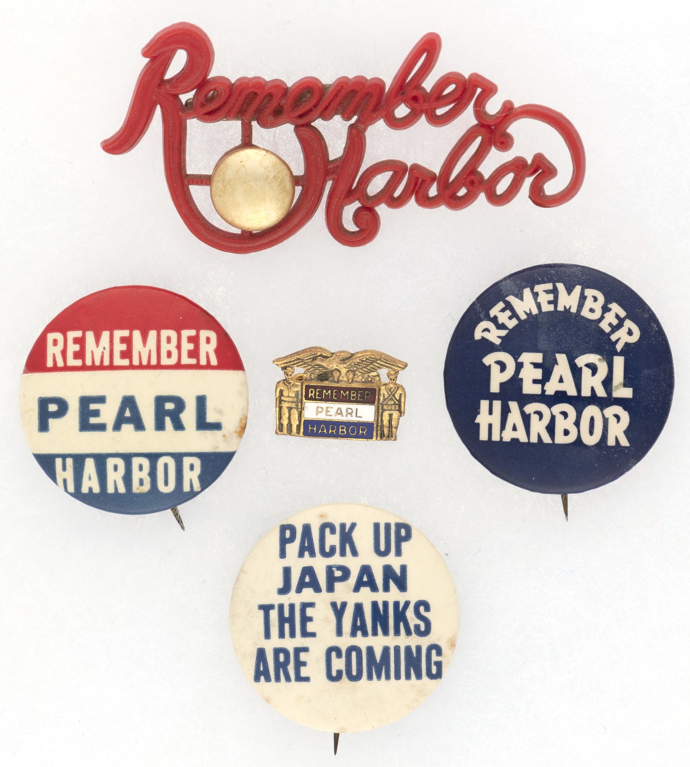 Hake's - REMEMBER PEARL HARBOR FOUR PINS AND ONE ANTI-JAPAN SLOGAN BUTTON.