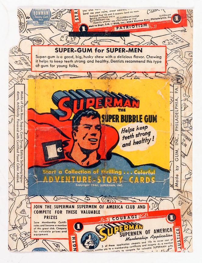 Hake's - "SUPERMAN THE SUPER BUBBLE GUM" WRAPPER.