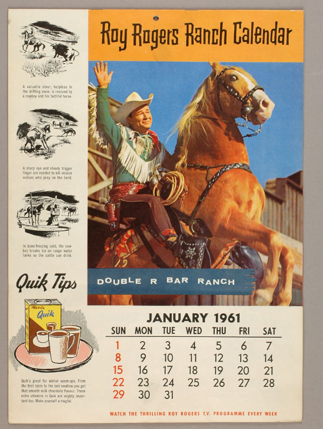 Hake's "ROY ROGERS RANCH 1961 CALENDAR" FROM NESTLE'S QUIK.