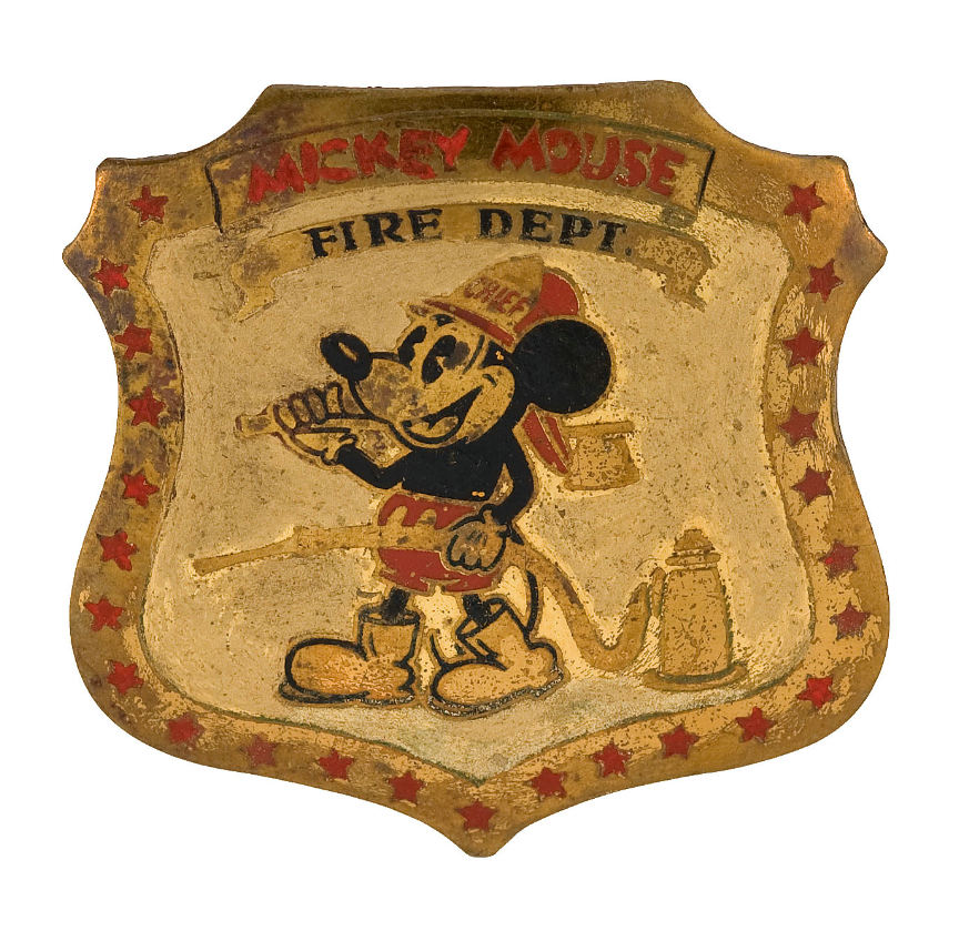 Hakes Mickey Mouse Fire Dept Rare Brass Badge Mid 1930s 5821