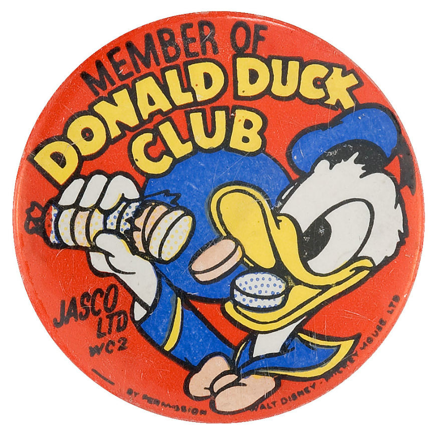 Hake's - DONALD DUCK ENGLISH CANDY CLUB MEMBER’S RARE BUTTON.