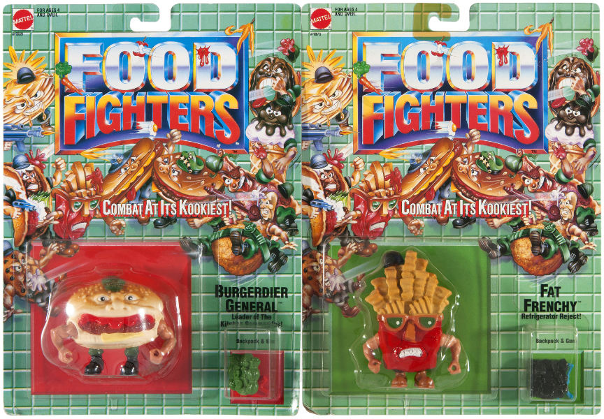 Hake's - MATTEL FOOD FIGHTERS SET OF TEN FIGURES ON CARDS AND TWO