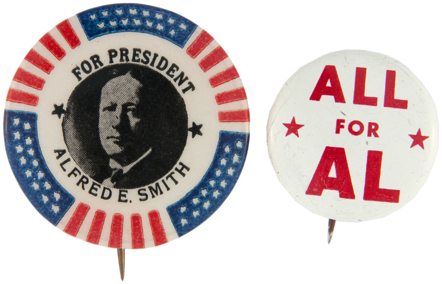 Hake's - AL SMITH CLASSIC 1928 PORTRAIT BUTTON PLUS “ALL FOR AL” LITHO.