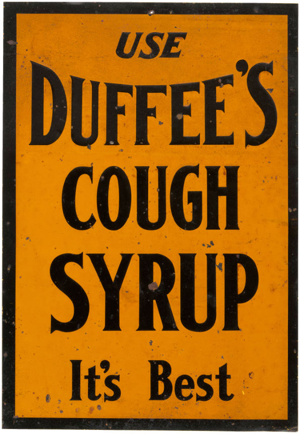 Hake's - "DUFFEE'S COUGH SYRUP" TIN ADVERTISING SIGN.