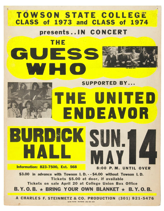 Hake's - “THE GUESS WHO” 1974 TOWSON STATE COLLEGE CONCERT POSTER.